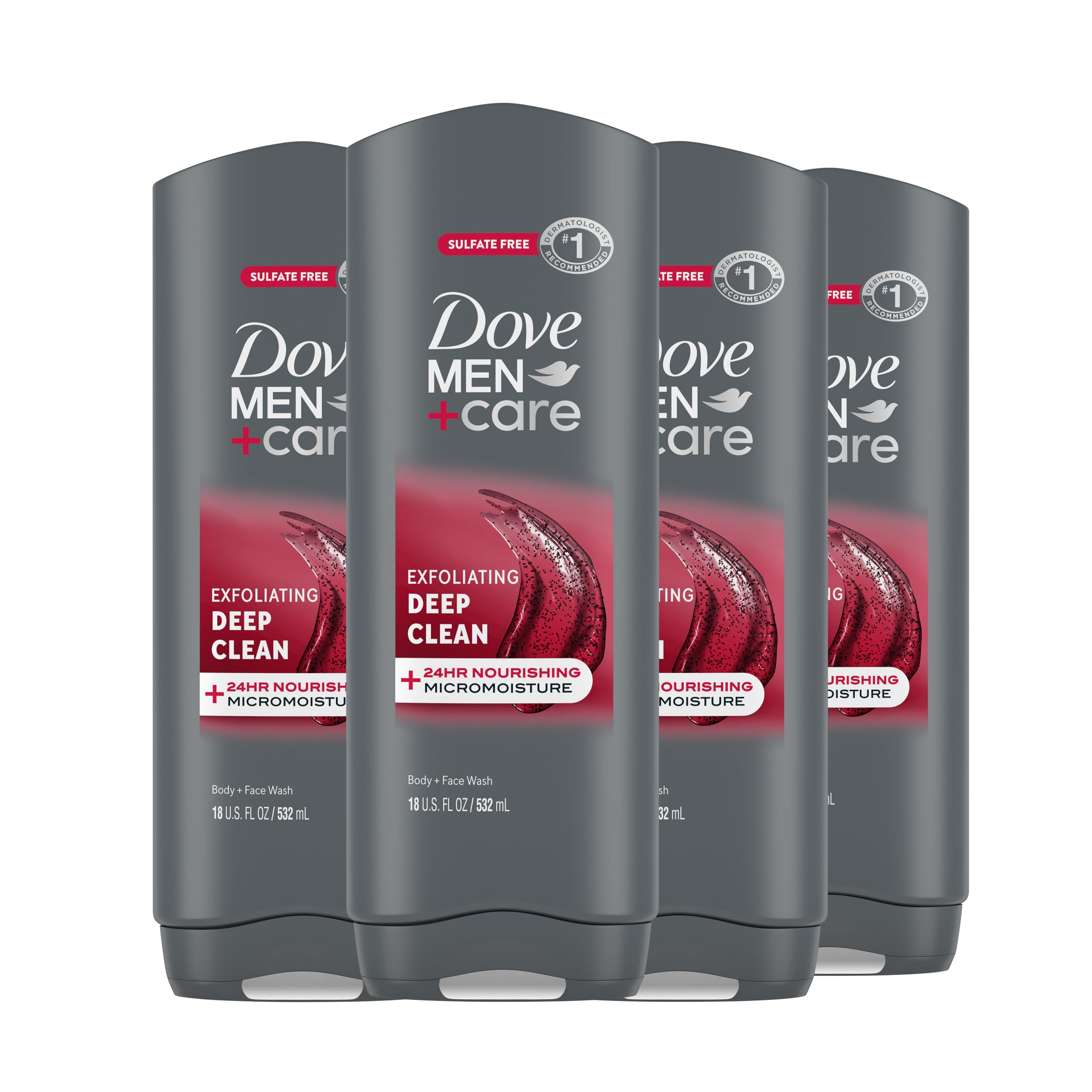 Dove Men+Care Men 4 Count Exfoliating Deep Clean Body & Face Wash For Men with 24-Hour Nourishing Micromoisture Technology 18 oz