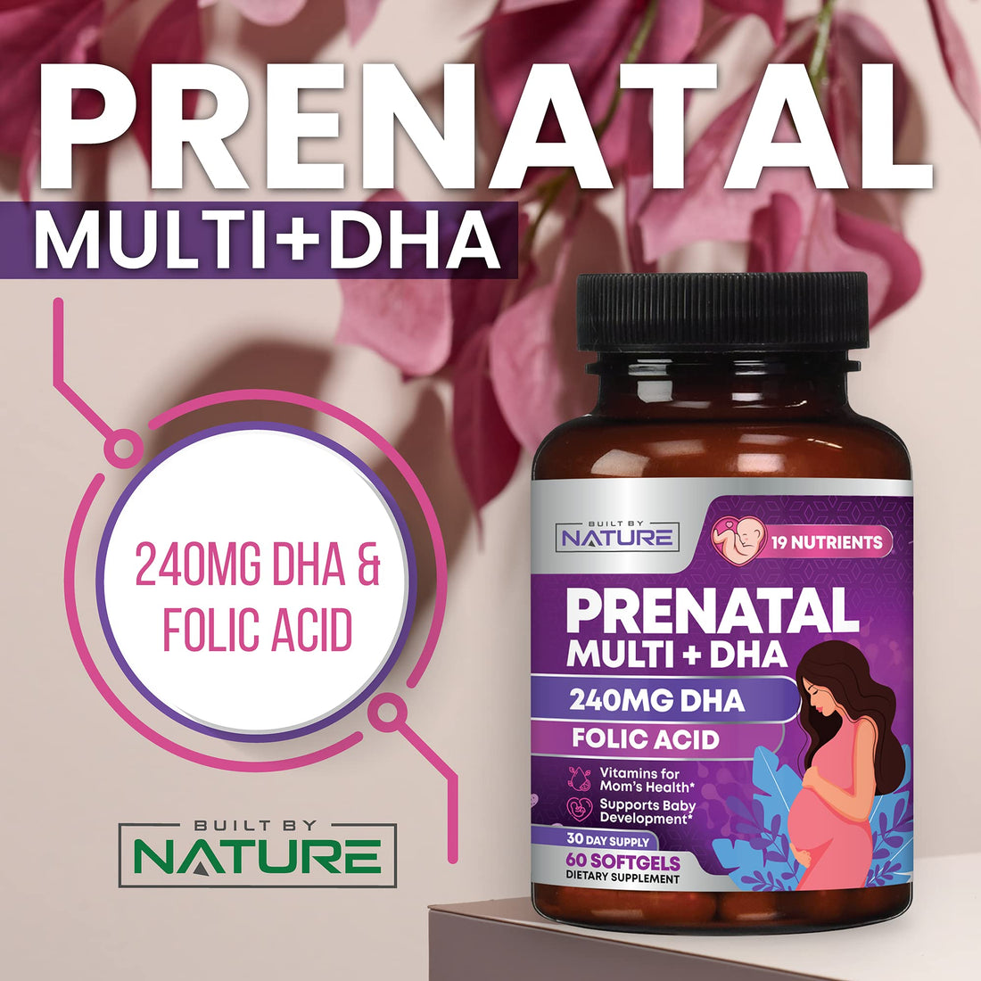 Prenatal Vitamins for Women - Multivitamin with DHA, Folic Acid, Vitamin C, B12, Iron & Omega-3 - Before, During & Post Pregnancy Supplement for Healthy Growth & Brain Development - 60 Softgels