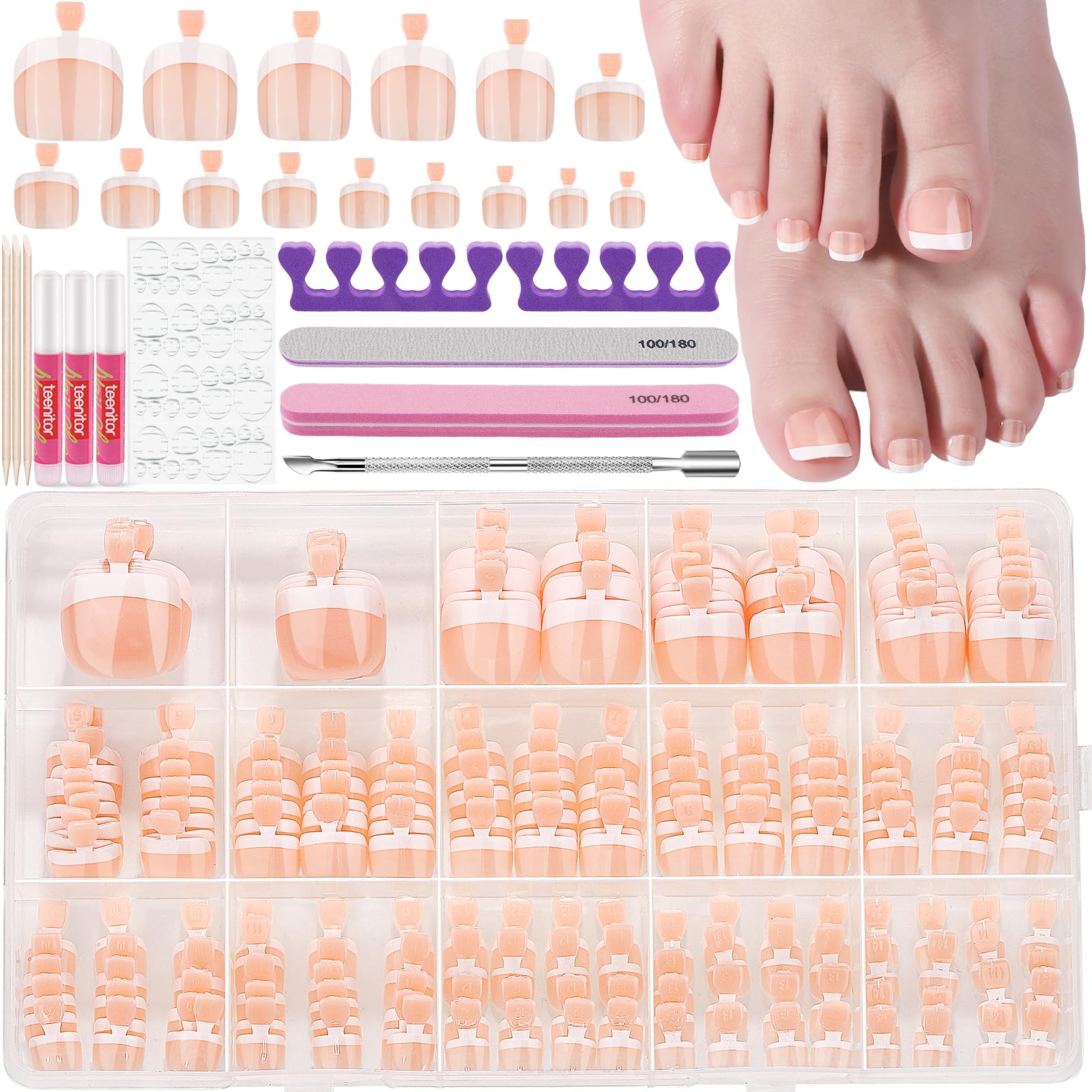Teenitor Press on Toenails for Women, 240pcs 15 Sizes of French Tip Toe Nail Press ons with Nail Glue, Toe Press on Nails Fake Toe Nails