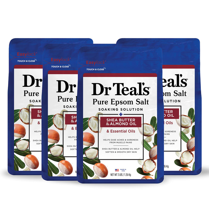 Dr Teal's Epsom Magnesium Salt Soak, Shea Butter & Almond, 3 lbs (Pack of 4)