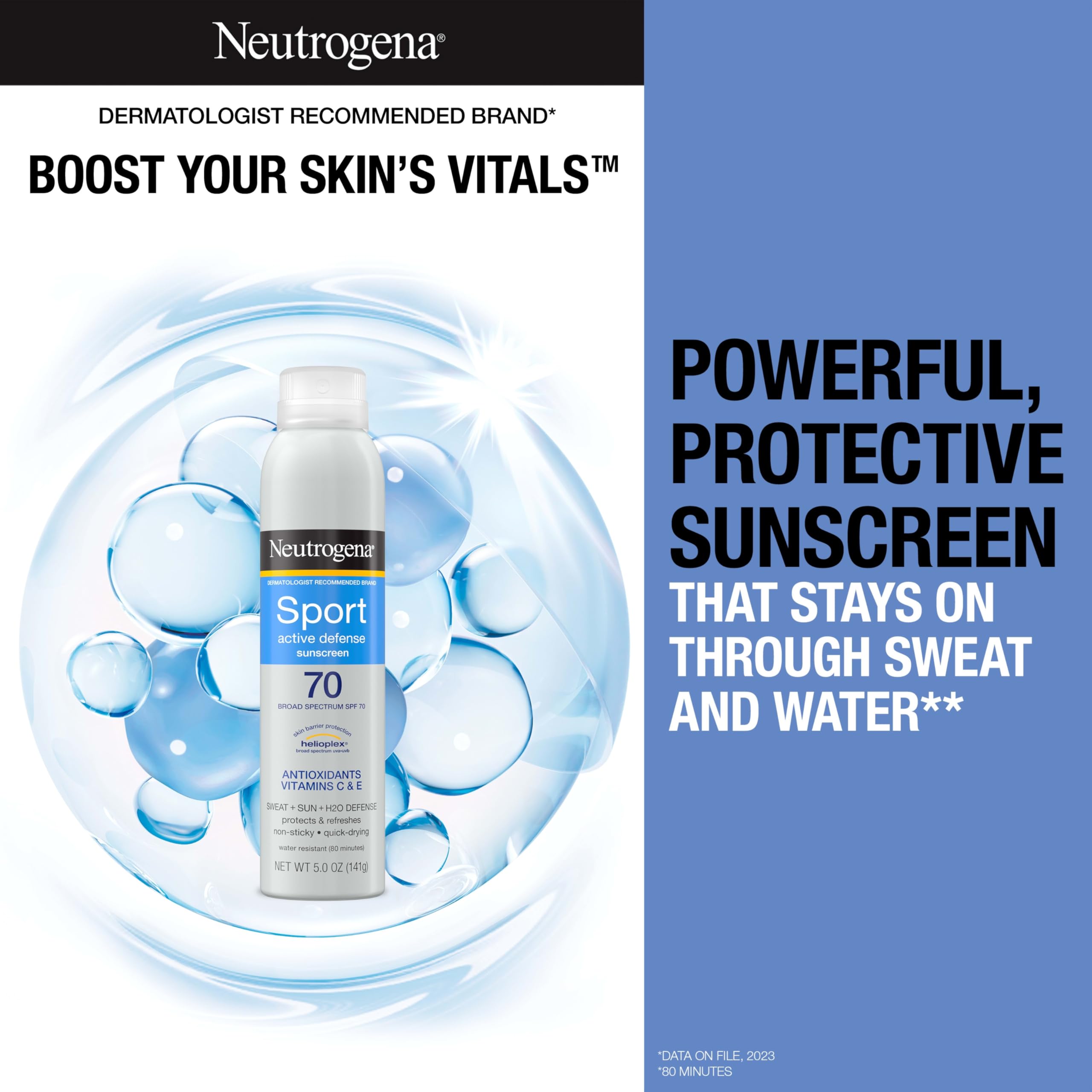 Neutrogena Sport Active Defense SPF 70 Sunscreen Spray, Sweat & Water Resistant Spray Sunscreen with Broad Spectrum Protection for Sunburn Prevention, Oxybenzone-Free, Twin Pack, 5 oz, 2 Pack