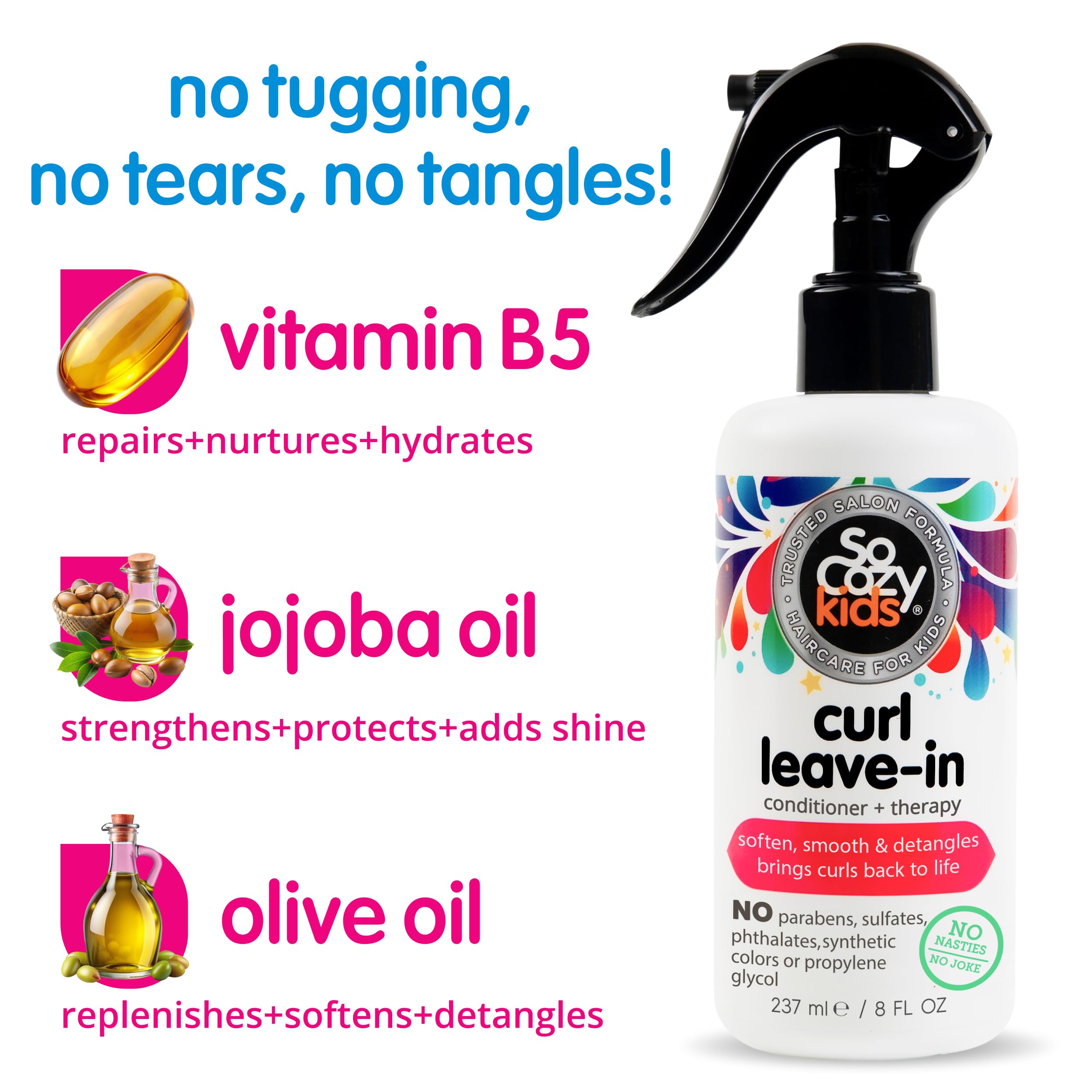 SoCozy Leave In Conditioner Spray (8 Fl Oz, Pack of 2) Detangler for Kids' Curly Hair, Tangle-Free Curls, Gentle & Nourishing with Keratin, Vitamin B5, Olive & Jojoba Oil, Paraben-Free