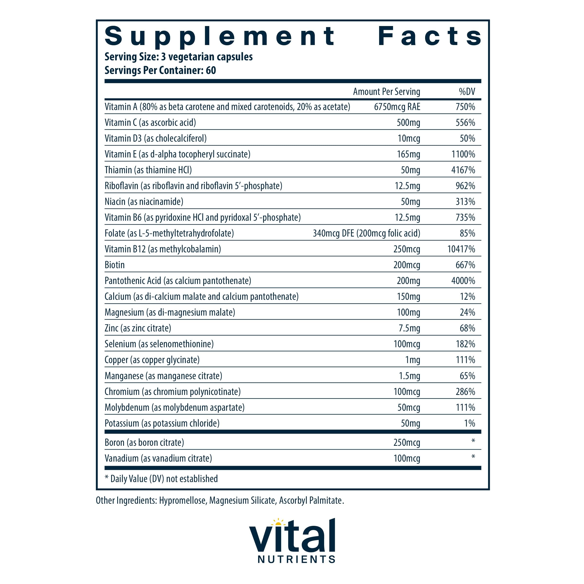 Vital Nutrients Multi-Nutrients with No Iron or Iodine | Comprehensive Vegetarian Daily Multivitamin and Mineral Formula with Potent Antioxidants* | Gluten, Dairy and Soy Free | 180 Capsules