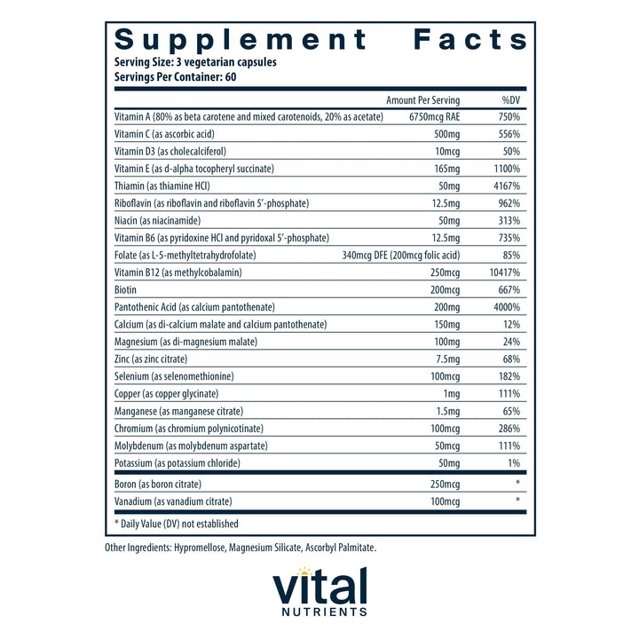Vital Nutrients Multi-Nutrients with No Iron or Iodine | Comprehensive Vegetarian Daily Multivitamin and Mineral Formula with Potent Antioxidants* | Gluten, Dairy and Soy Free | 180 Capsules
