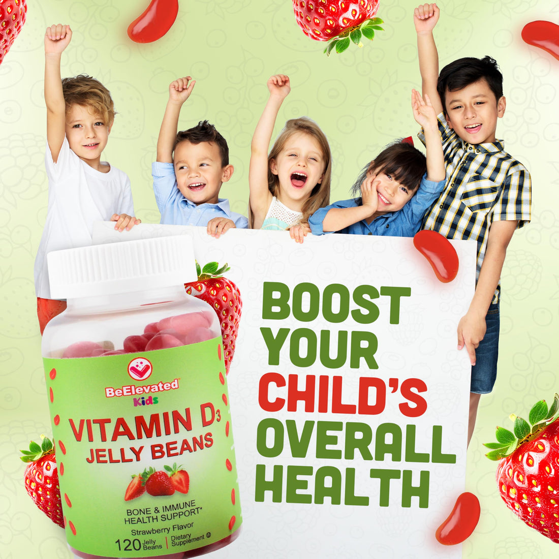 BeElevated Vitamin D3 Jelly Beans - Chewable Vitamins Gummies for Kids Immune Support - Multivitamin Supplements for Bone & Joint Support - 2,000 IU Vegetarian Gummy - 120 Strawberry Flavor Beans
