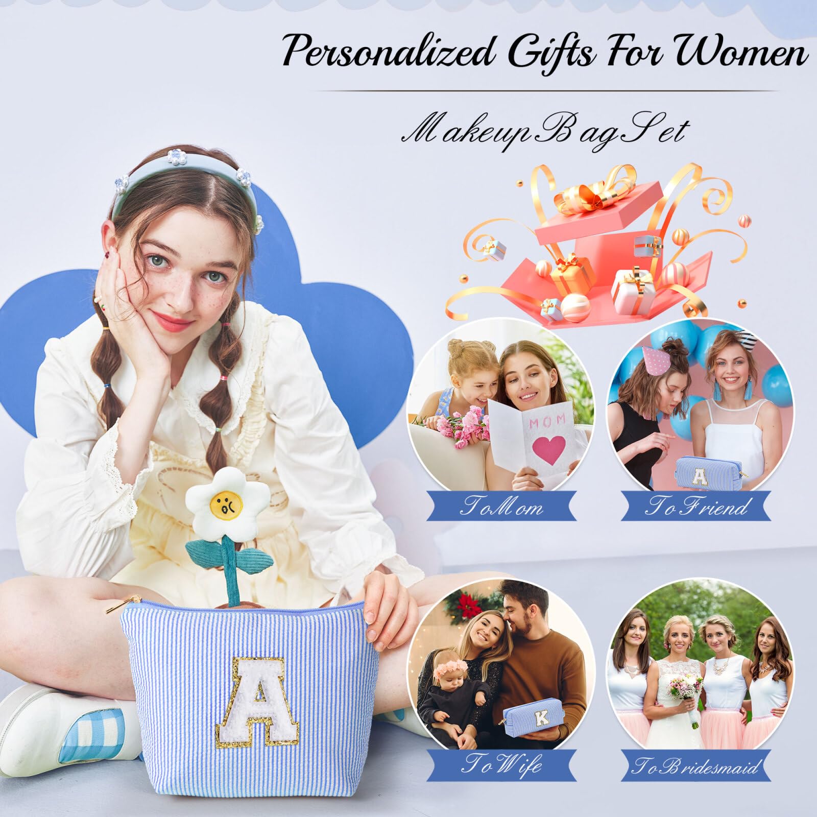 YOOLIFE Initial Makeup Bag | Teen Girl Gifts Trendy Stuff | Travel Makeup Bag for Girls | Gifts for 3 4 5 6 7 8 9 10 11 12 13 Year Old Girls | Makeup Bag for Girls Birthday Gifts for Kids Blue K