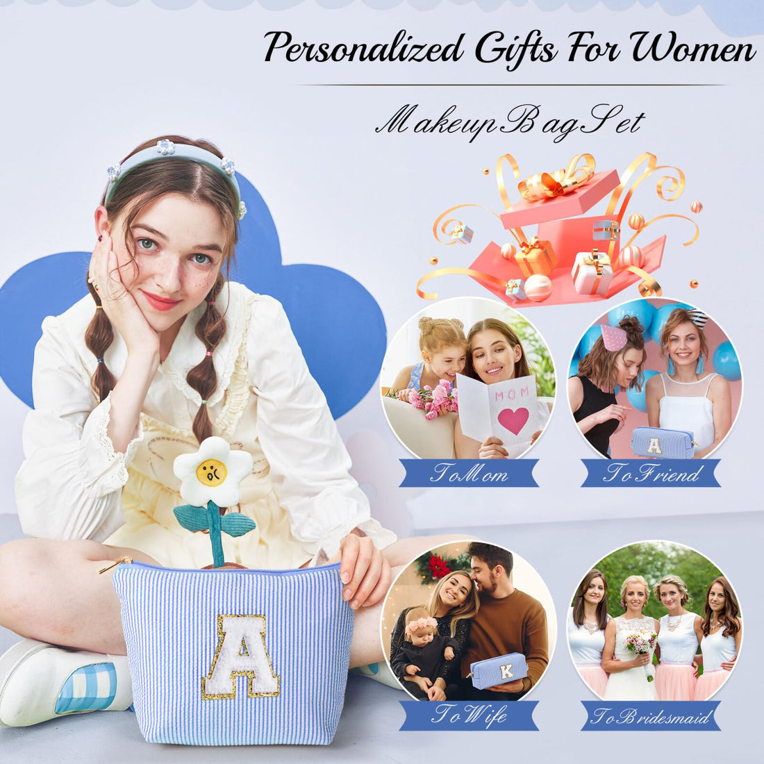 YOOLIFE Initial Makeup Bag | Teen Girl Gifts Trendy Stuff | Travel Makeup Bag for Girls | Gifts for 3 4 5 6 7 8 9 10 11 12 13 Year Old Girls | Makeup Bag for Girls Birthday Gifts for Kids Blue K