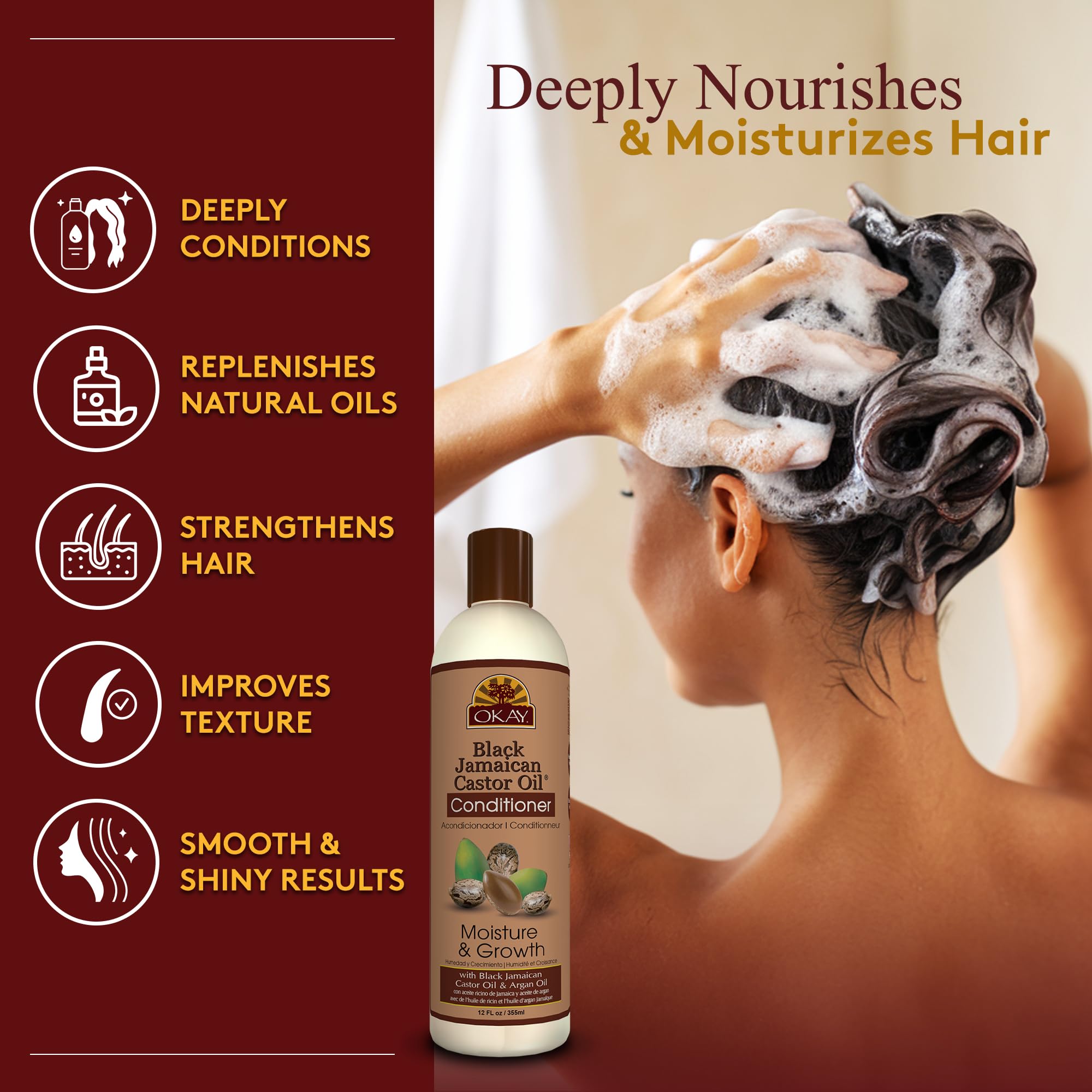 OKAY | Black Jamaican Castor Oil Conditioner | For All Hair Types & Textures | Revive - Moisturize - Grow Healthy Hair | with Argan Oil & Shea Butter | Free Of Parabens, Silicones, Sulfates , PALE YEL