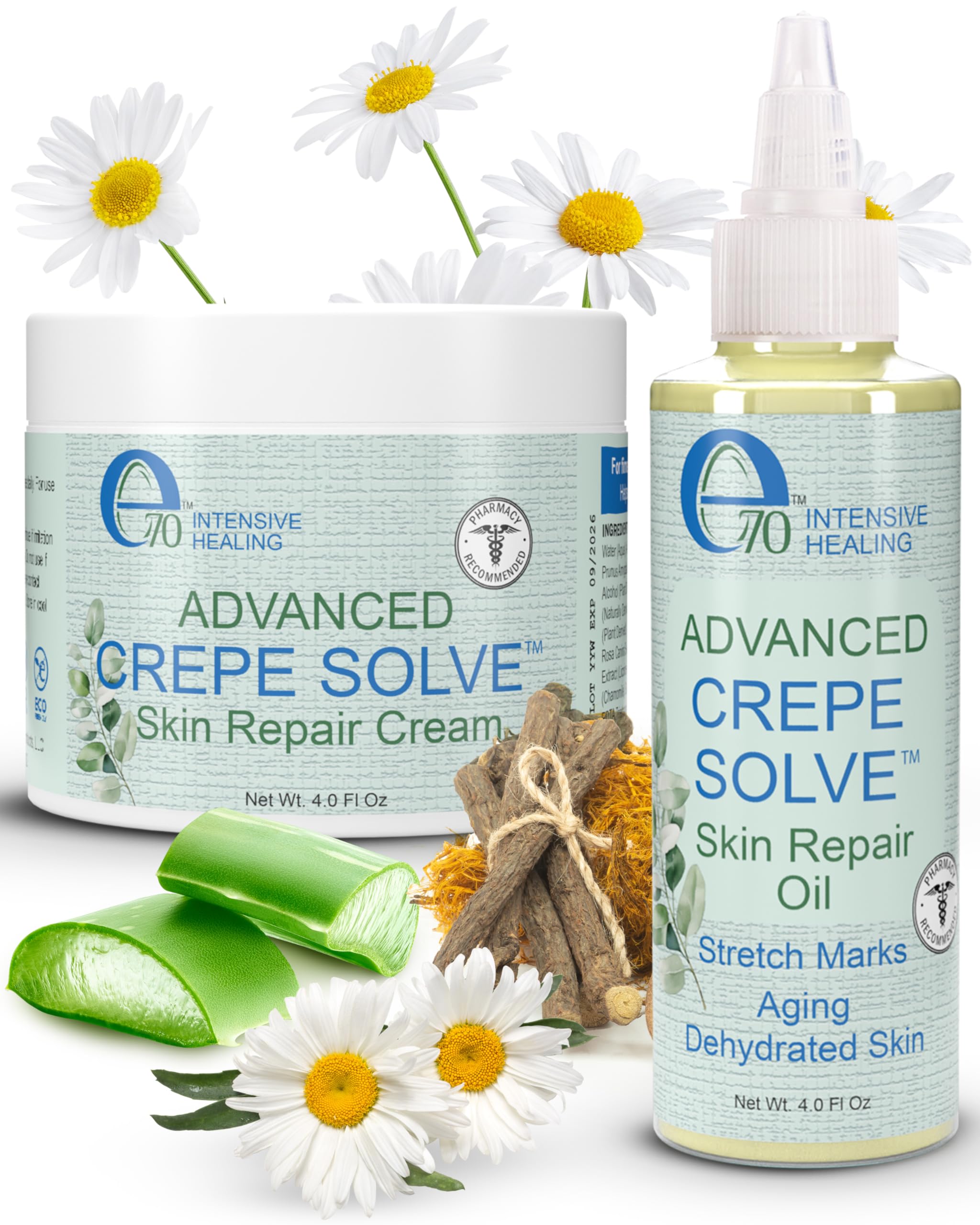 e70 Advance Crepe Solve Skin Firming Cream & Moisturizing Body Oil Set - Made with Natural Oils, Licorice Root & Chamomile Extract - Face & Body Serum & Crepey Skin Smoothing Cream