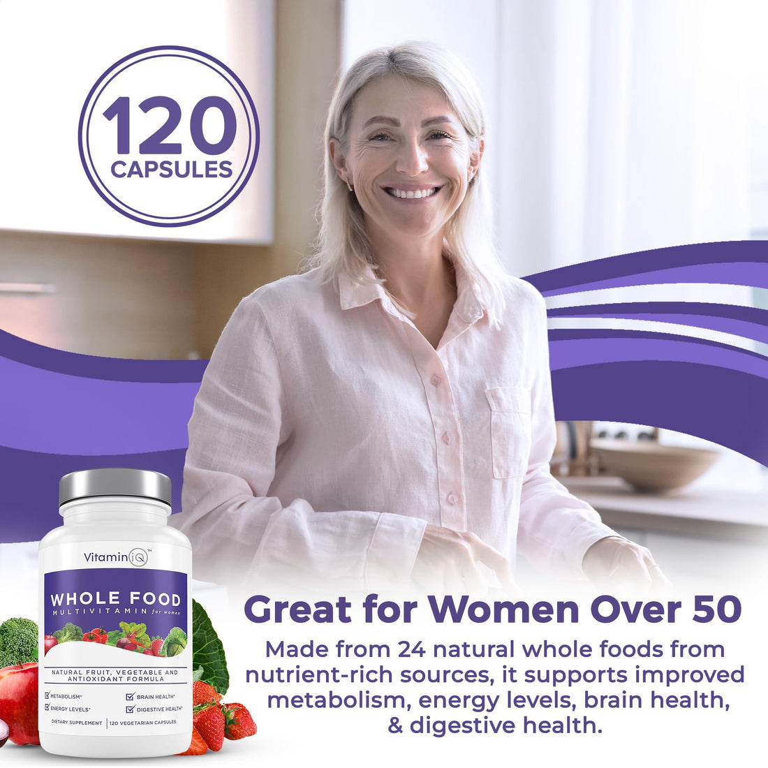 VitaminIQ Multivitamin for Women (120 Vegetarian Capsules) Whole Food Vitamin with Essential Nutrients, Natural Calcium, Magnesium, Selenium, Zinc, Biotin, Vitamin A, B6, C, D3, E, K and More