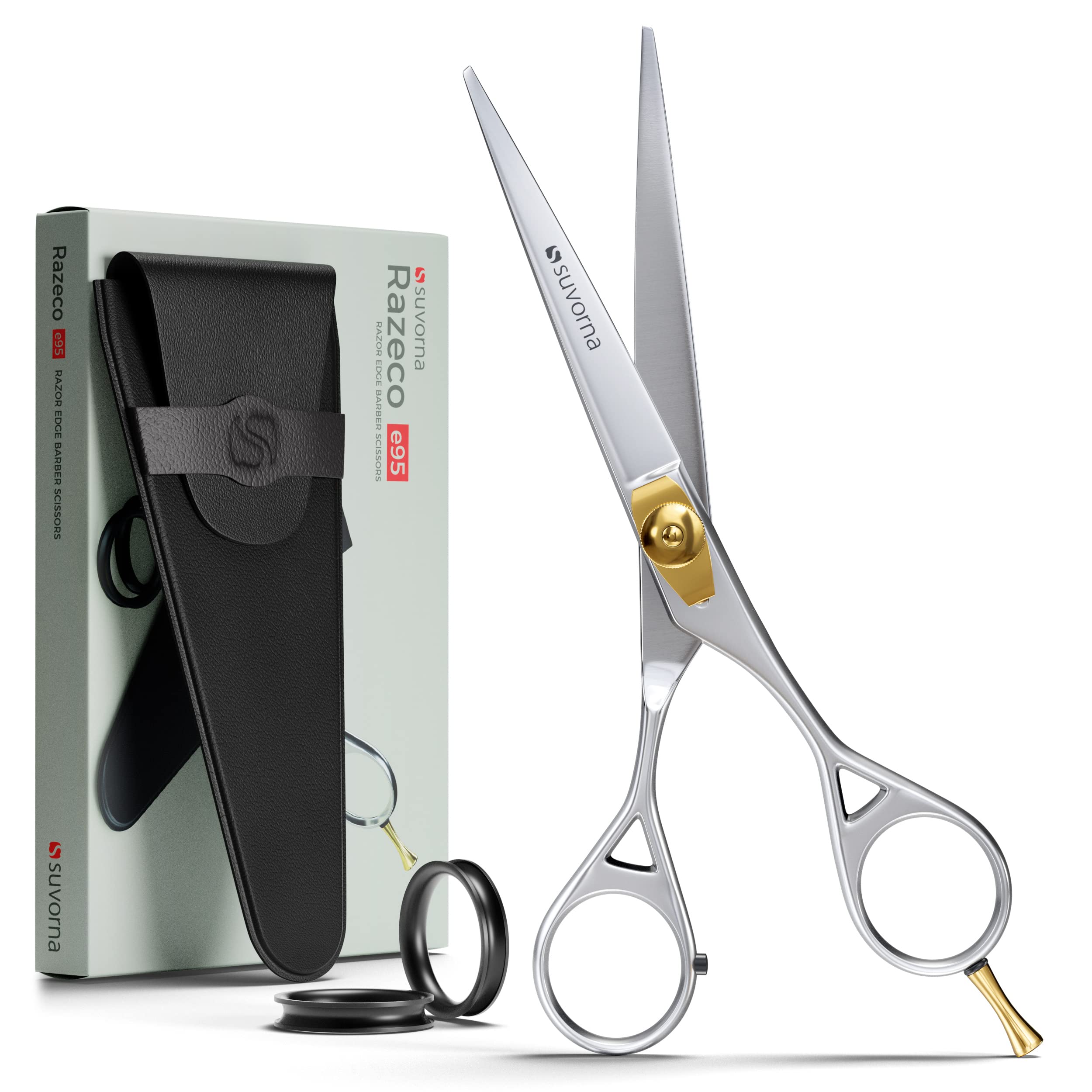 Suvorna Professional Barber Razor Edge Hair Cutting Shears Scissors Razeco E95, Polished Steel, 5.6 Ounce