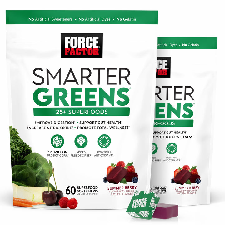 FORCE FACTOR Smarter Greens Superfood Chews, 2-Pack, Greens and Superfoods with Probiotics, Antioxidants, and Fiber, Greens Supplement to Support Digestion, Nitric Oxide, and Energy, 120 Soft Chews