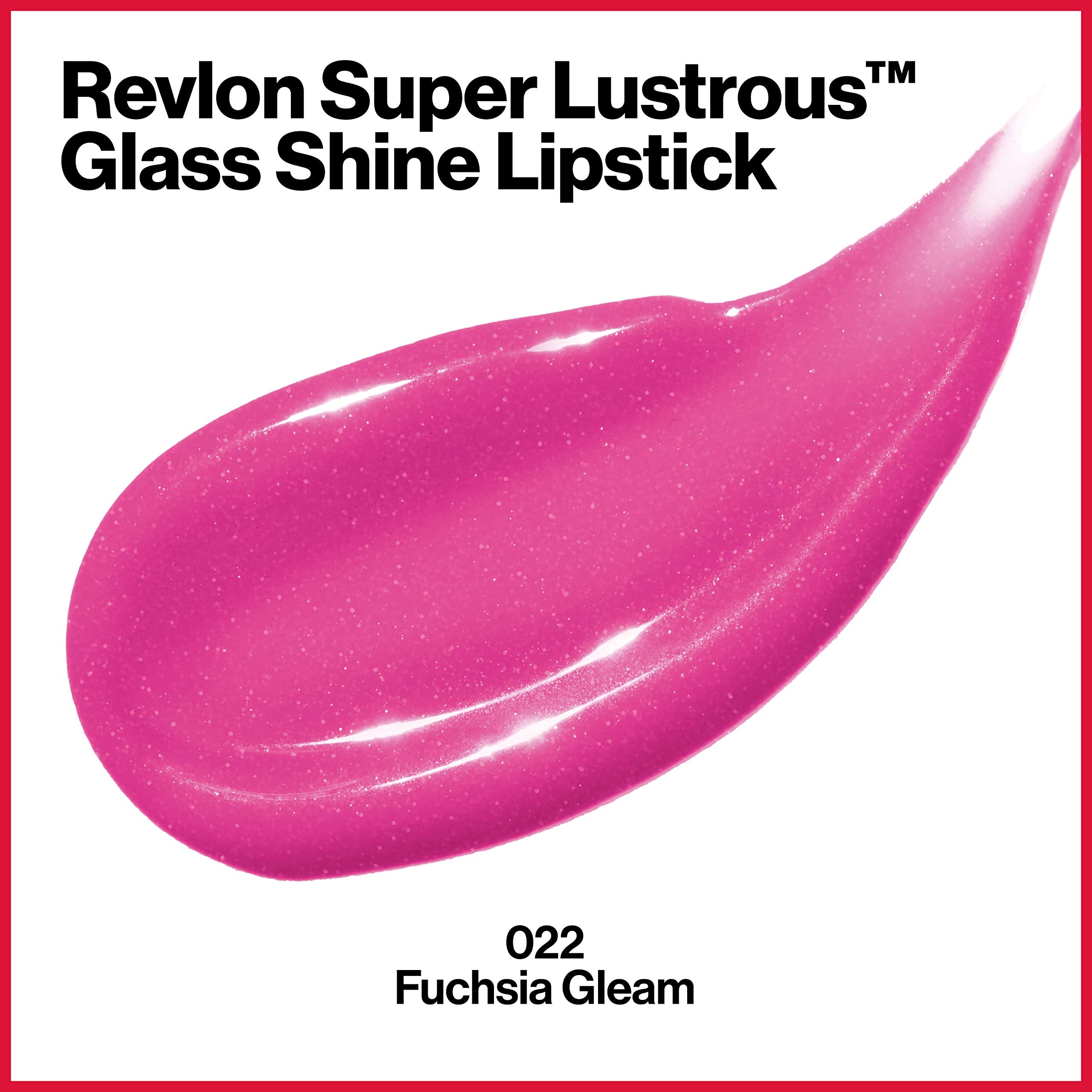 REVLON Super Lustrous Glass Shine Lipstick, Flawless Moisturizing Lip Color with Aloe, Hyaluronic Acid and Rose Quartz, Fuchsia Gleam (022), 0.15 oz