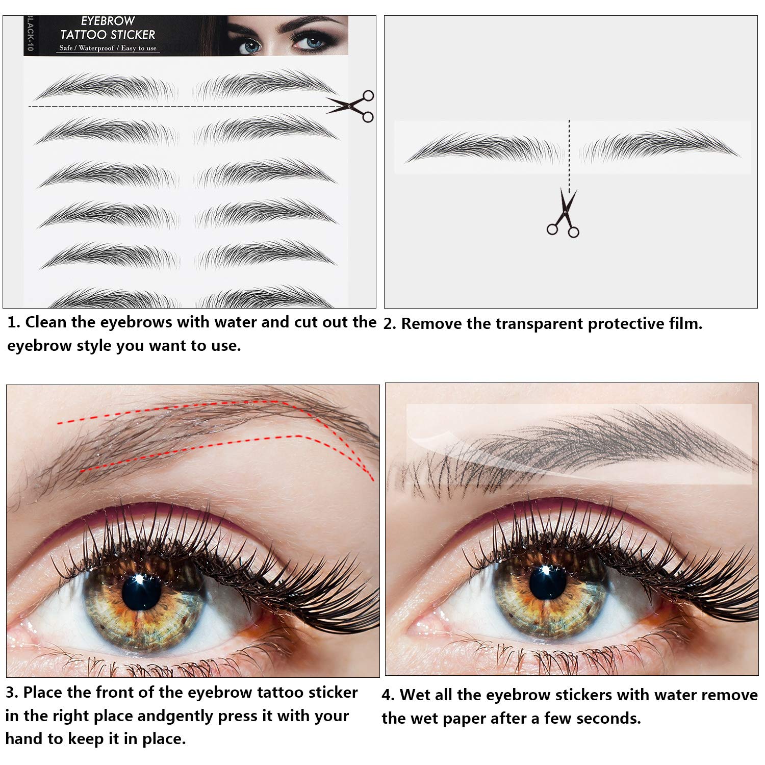 9 Sheets 4D Hair-Like Authentic Eyebrows Waterproof Eyebrow Tattoo Stickers Eyebrow Transfers Stickers Eyebrow Grooming Shaping Sticker for Women Girls Makeup, 9 Styles 90 Pairs (Black)