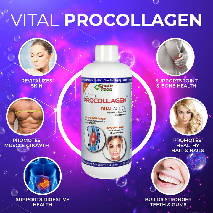 Natural Energy Vital Procollagen - Liquid Hydrolyzed Collagen Protein with Hyaluronic Acid and Glucosamine Chondroitin Sulfate Anti-Aging Factor for Men and Women 16oz |New Snickerdoodle Flavor|