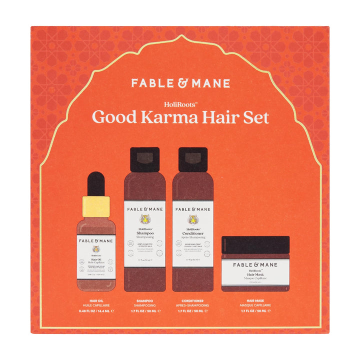 Fable & Mane Good Karma Hair Gift Set, for Stronger, Healthier Hair. Travel-sized Minis of HoliRoots Hair Oil, Hydrating Shampoo, Conditioner and Hair Mask