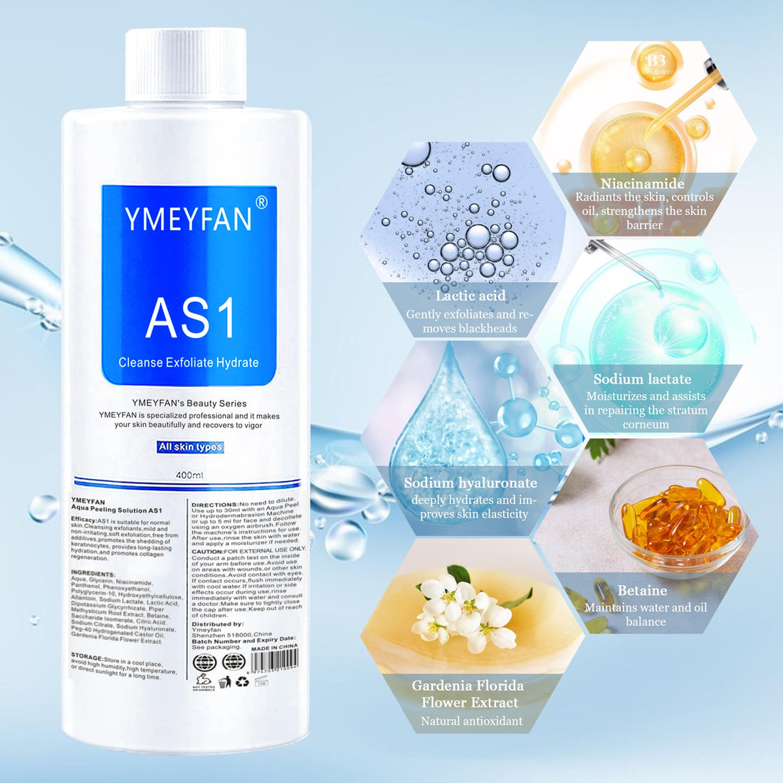 YMEYFAN Aqua Peeling Solution for Facial Machine, AS1 Solution for Hydrogen Oxygen Facial Machine Professional, Facial Deep Cleansing Hydrating Serums for Face Skin Care(400ml/3Pcs/English Ver.)