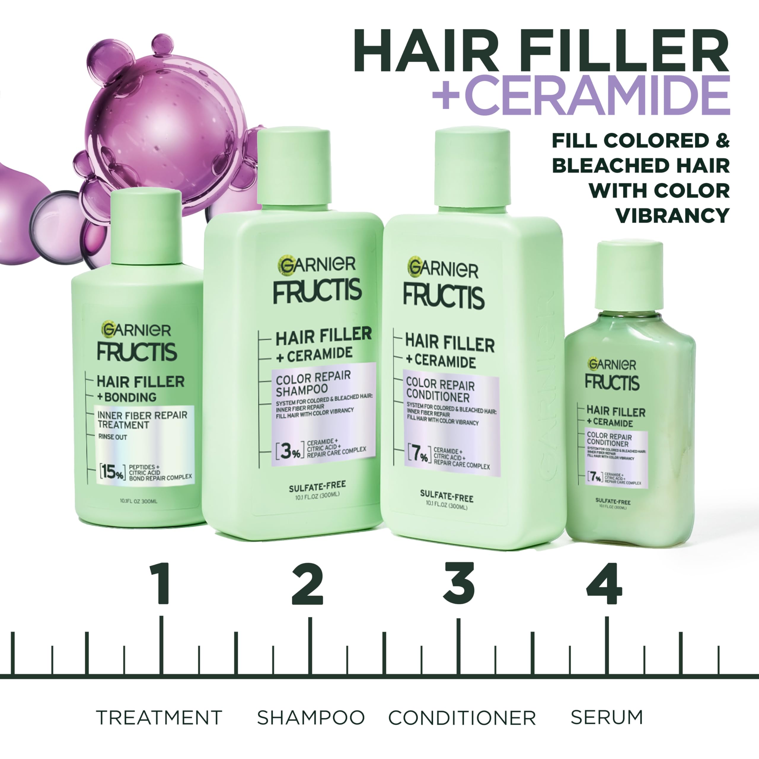 Garnier Fructis Hair Filler Color Repair Shampoo with Ceramide, Smoothing & Sulfate Free Shampoo for Colored, Bleached Hair, 10.1 Fl Oz, 1 Count
