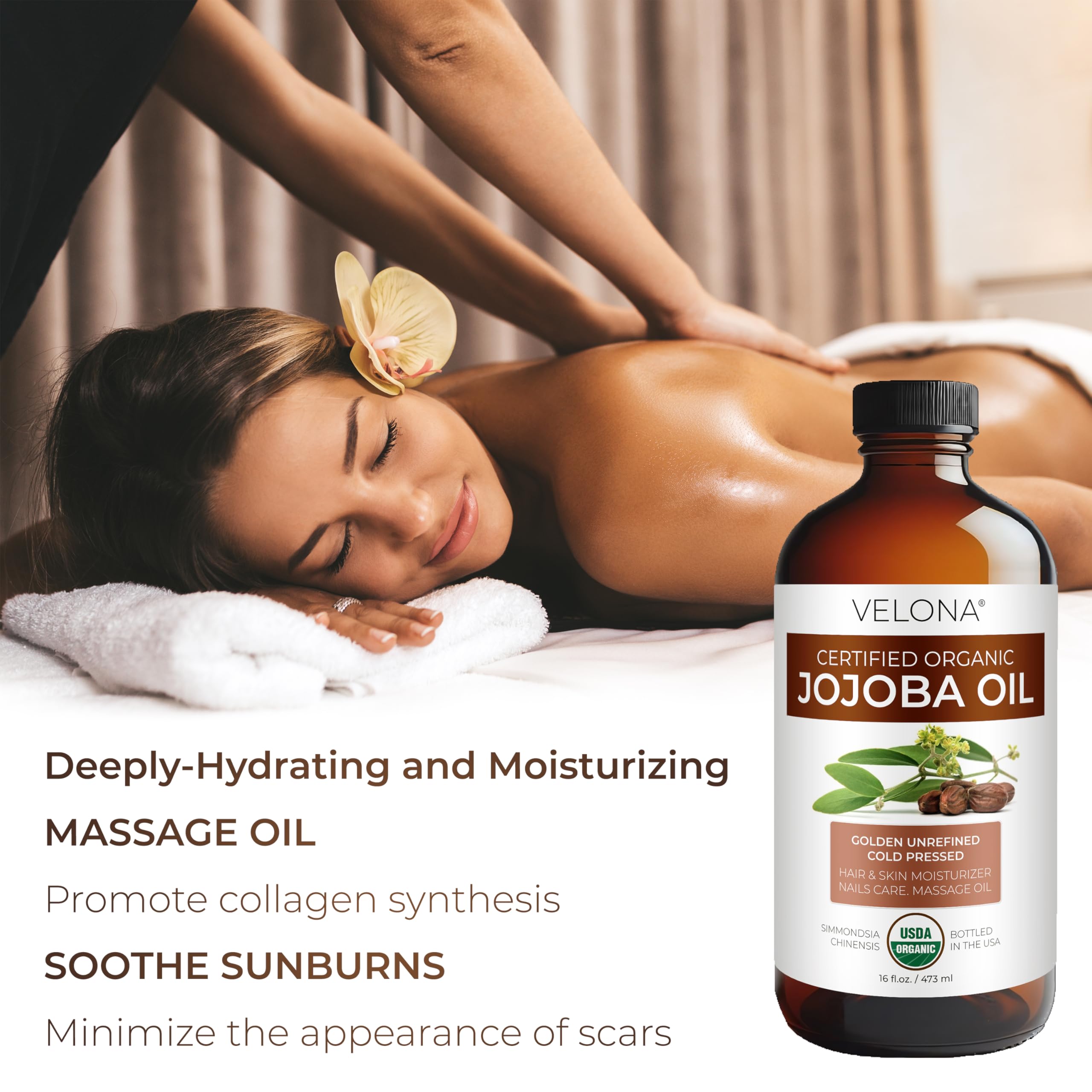 velona USDA Certified Organic Jojoba Oil - 16 Fl Oz in Glass Bottle | 100% Pure and Natural | Golden, Unrefined, Cold Pressed, Hexane Free