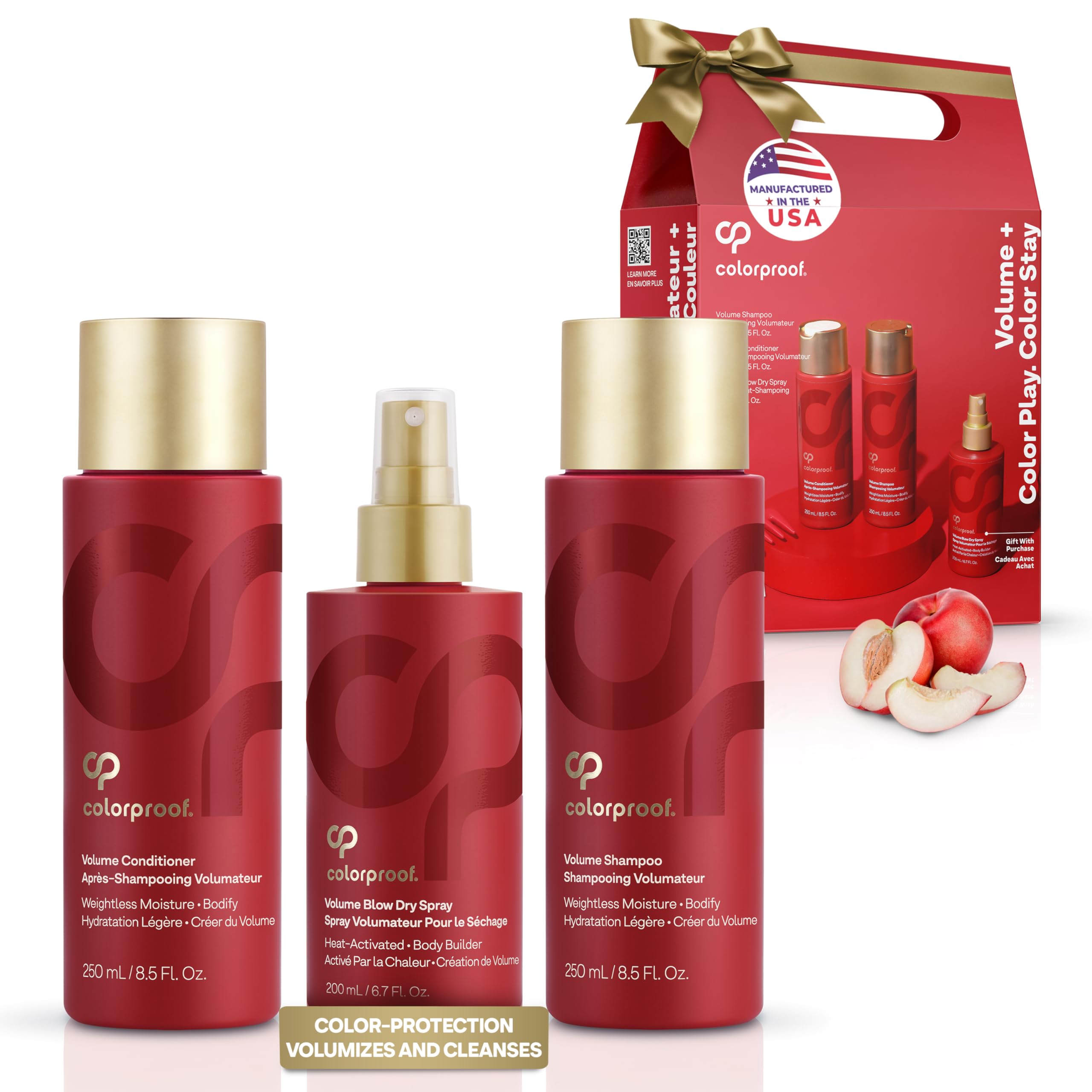 Colorproof Volume Holiday Gift Set — Volume Shampoo (8.5 Fl. Oz.), Volume Conditioner (8.5 Fl. Oz.), and Volume Blow Dry Spray Primer (6 Fl. Oz.) — White Nectarine Scent