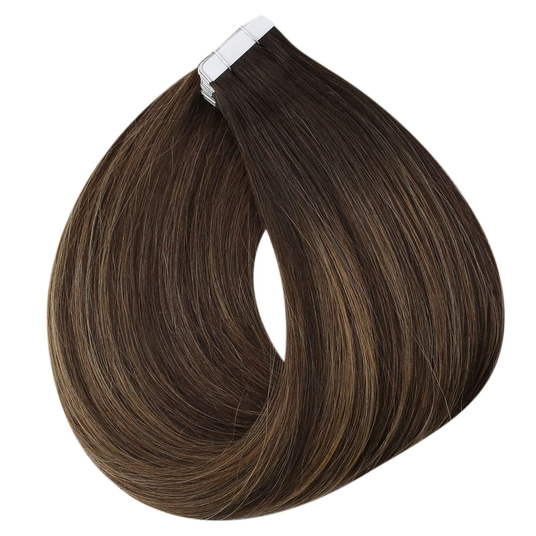 Fshine Tape In Human Hair 16 Inch Glue On Hair Extensions 50 Gram PU Tape In Hair Extensions Straight Silky Hair Color 2 Fading to 8 Highlight 2 Darkest Brown Double Sided Tape In Hair Extensions