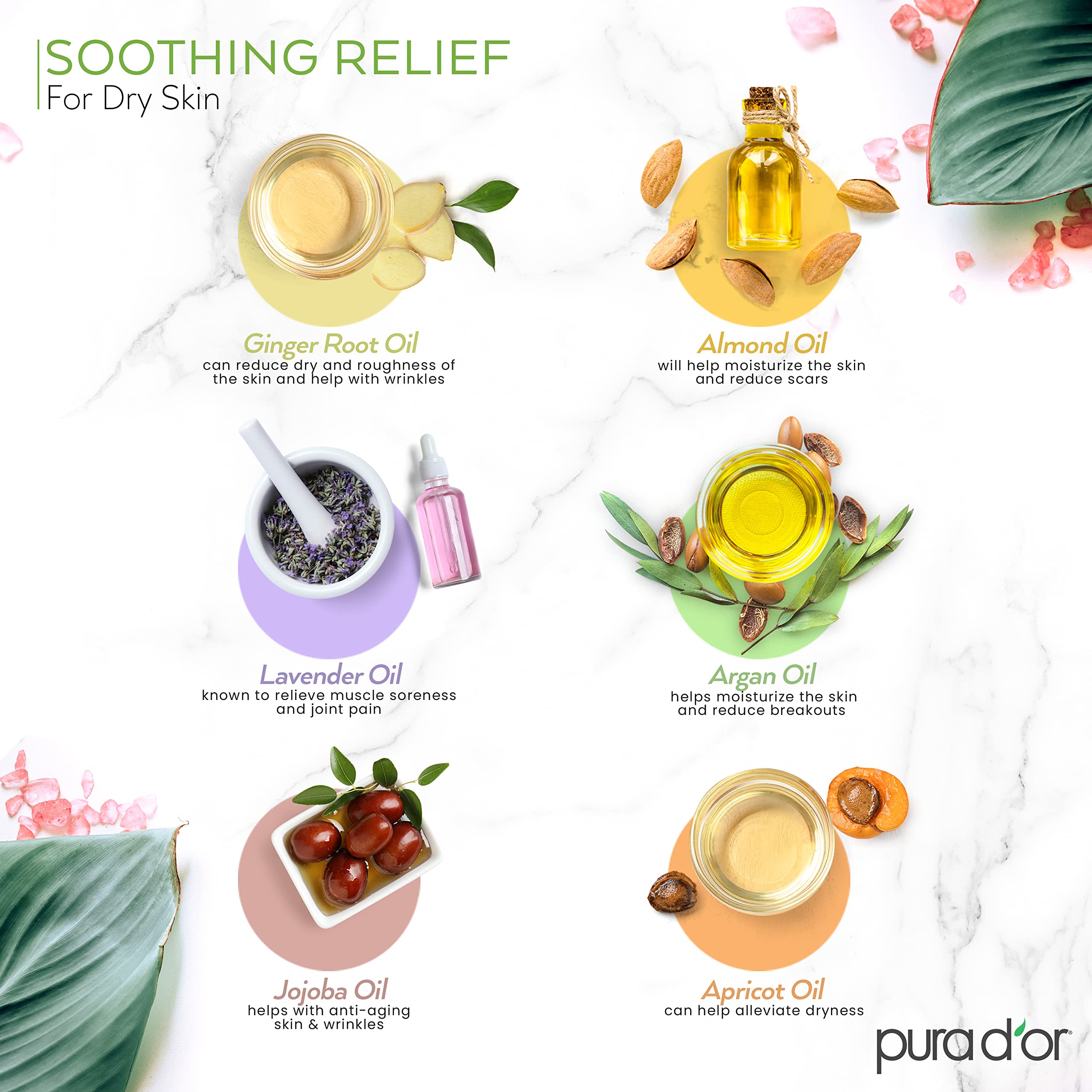 PURA D'OR 16 Oz Organic Massage Therapy Oil USDA Certified Almond, Apricot, Argan, Ginger, Jojoba, Lavender Oils for Silky & Softer Skin, Body Moisturizer & Skin Lubricant