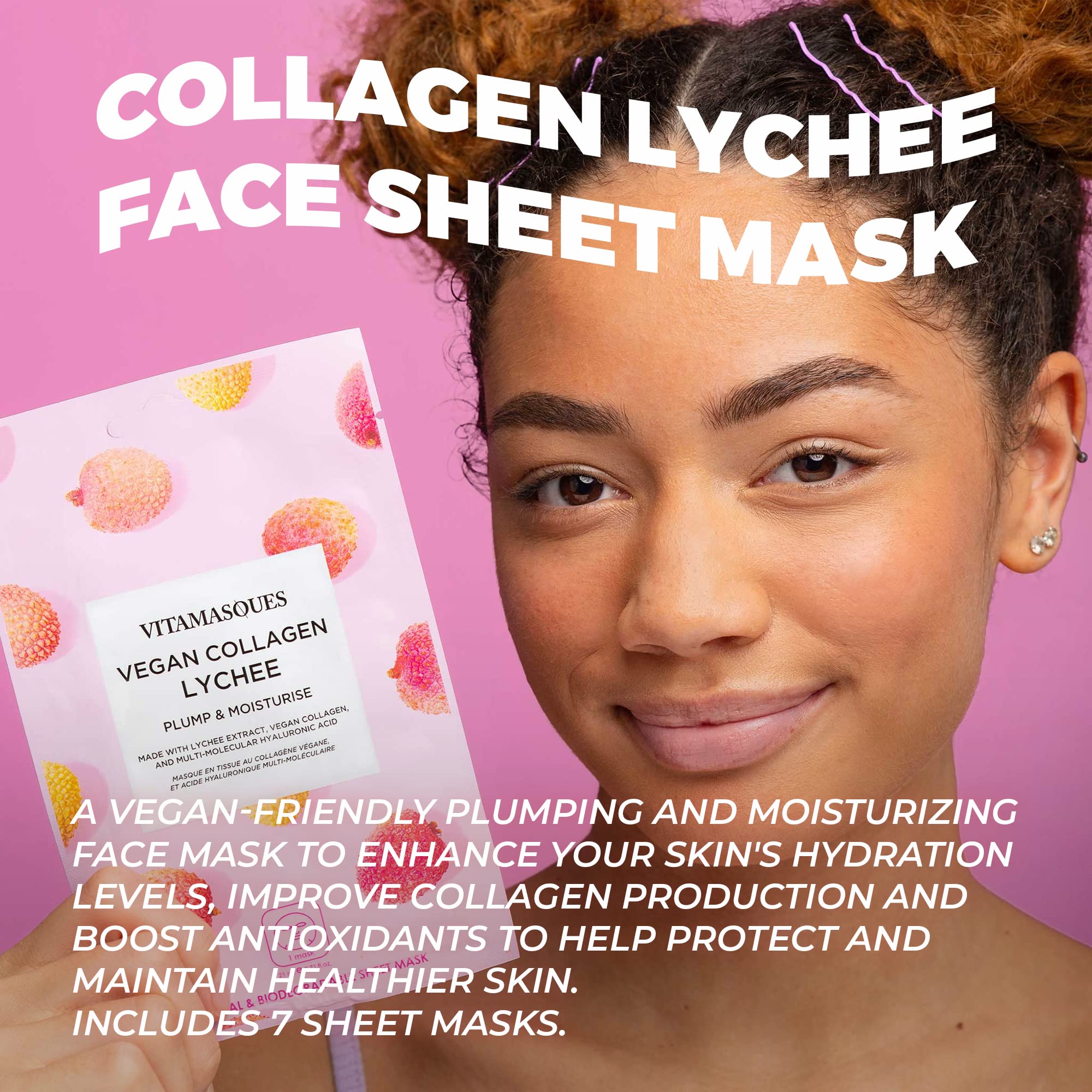 Vitamasques Vegan Collagen Lychee Face Sheet Mask Plumping & Moisturizing Korean Skin Care Facial Mask with Lychee Extract & Hyaluronic Acid - Natural & Biodegradable