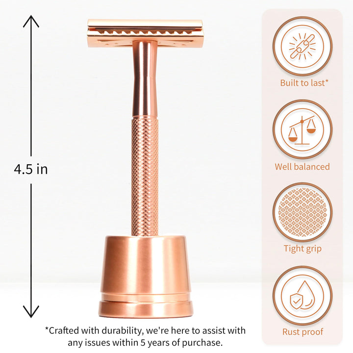Bambaw Double Edge Safety Razor with Stand, Women Razor with 5 Double Edge Safety Razor Blades, Plastic Free Metal Razor – Rose Gold