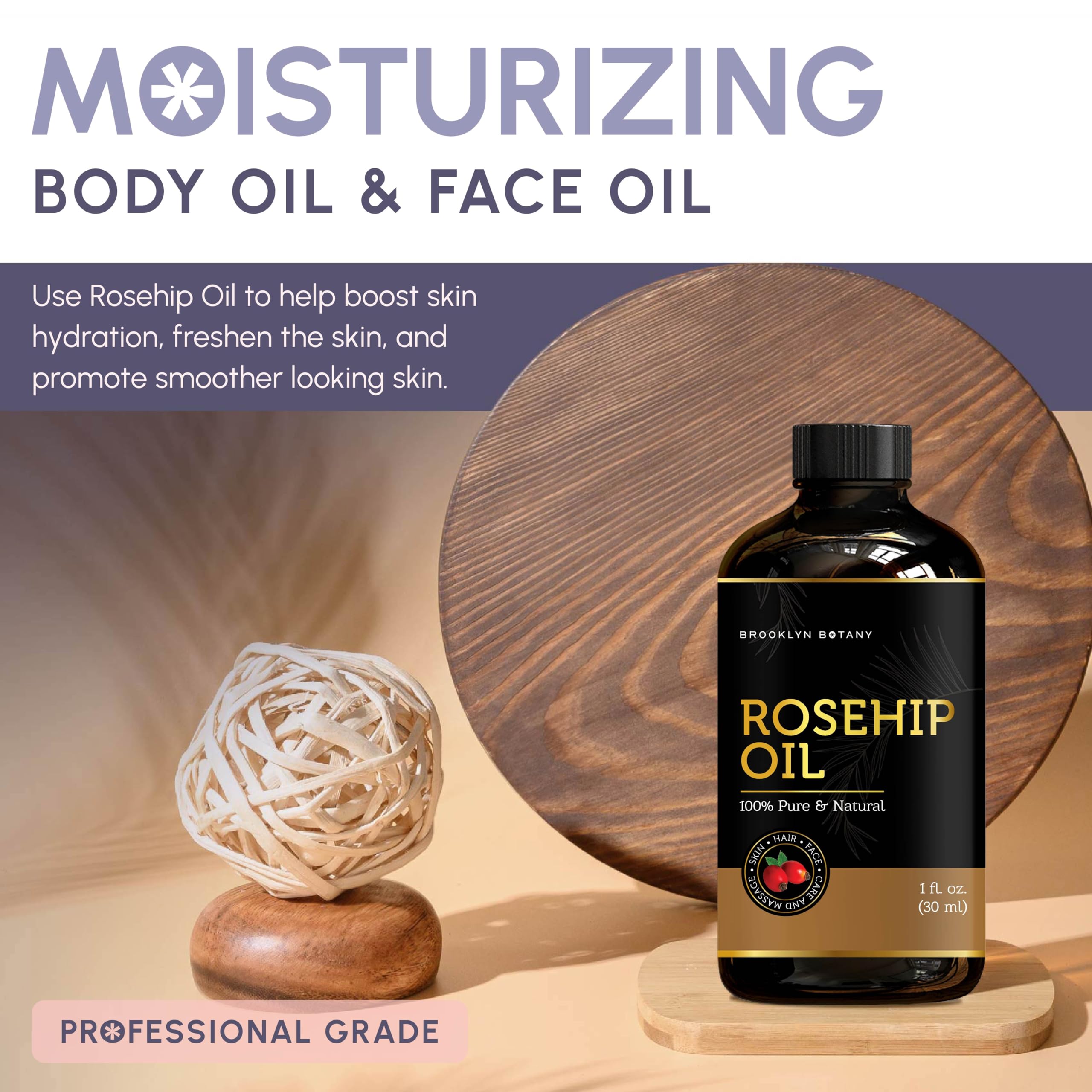 Brooklyn Botany Rosehip Oil for Face, Skin and Hair - 100% Pure and Natural Rosehip Seed Oil - Use as Carrier Oil for Essential Oils, Aromatherapy Oil, Massage Oil, Body Oil - 1 Fl Oz