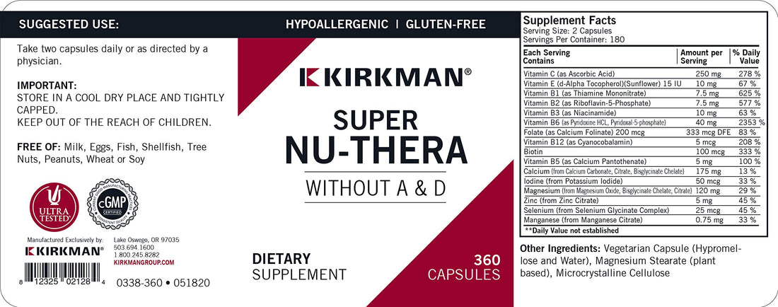 Kirkman Super Nu-Thera® w/o Vitamins A and D - Hypoallergenic || 360 Vegetarian Capsules || Multi Vitamin || Provides high Vitamin B-6 and Magnesium Content || Gluten and Casein Free