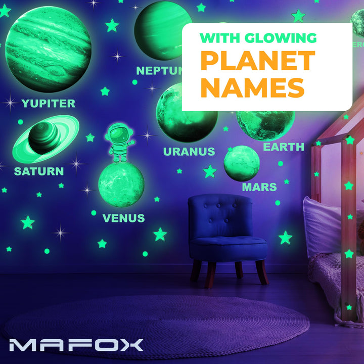 MAFOX Glow in The Dark Planets, Bright Solar System Wall Stickers -Sun Earth Mars and so on,9 Glowing Ceiling Decals for Bedroom Living Room,Shining Space Decoration for Kids for Girls and Boys