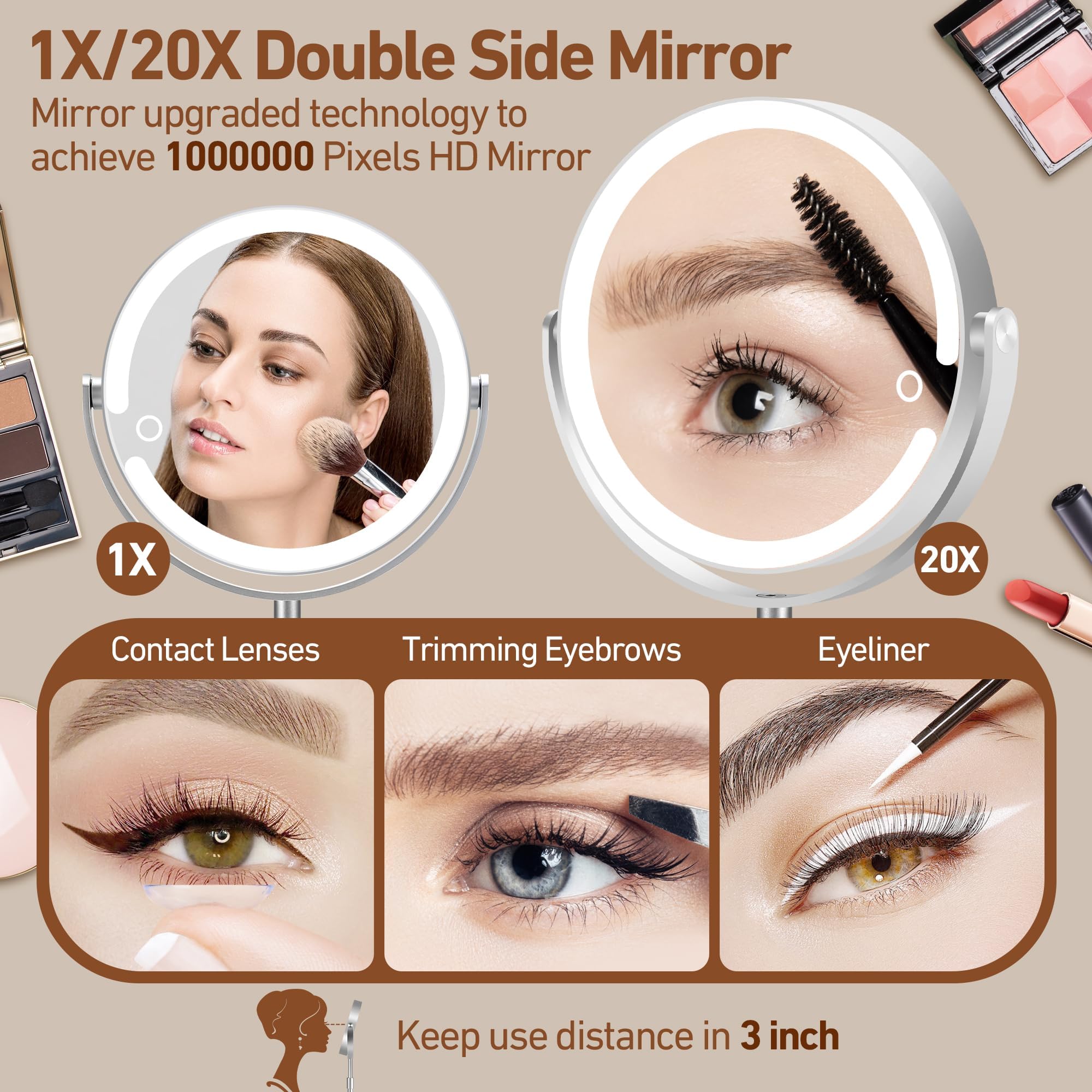 MOMOKUBA Magnifying Mirror with Light 20X, Height-Adjustable Lighted Makeup Mirror with Magnification, Double - Sided Aluminum Alloy LED Mirror, 3 Lighting Modes Ideal for Desk Bathroom Makeup, Silver