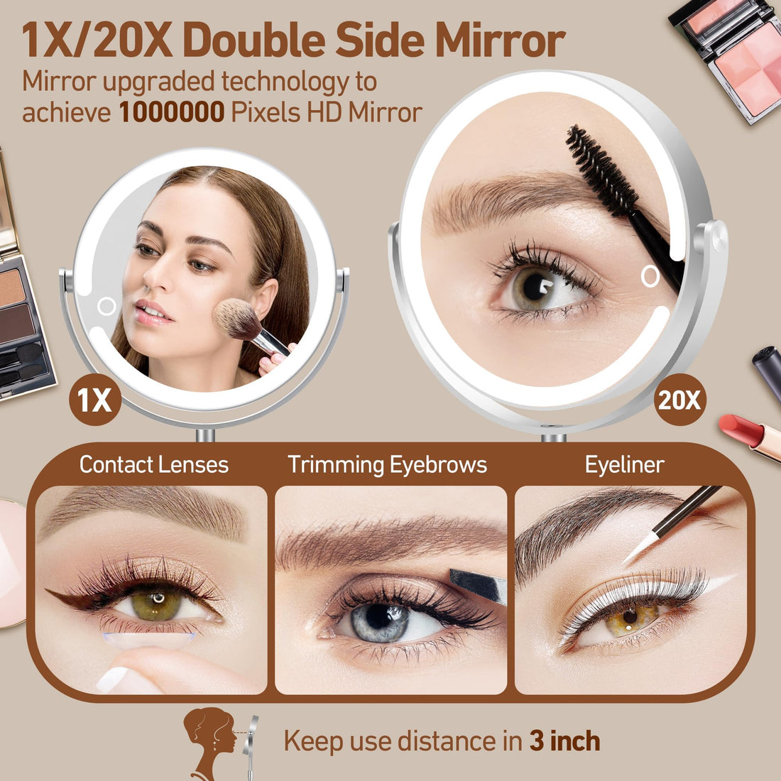 MOMOKUBA Magnifying Mirror with Light 20X, Height-Adjustable Lighted Makeup Mirror with Magnification, Double - Sided Aluminum Alloy LED Mirror, 3 Lighting Modes Ideal for Desk Bathroom Makeup, Silver