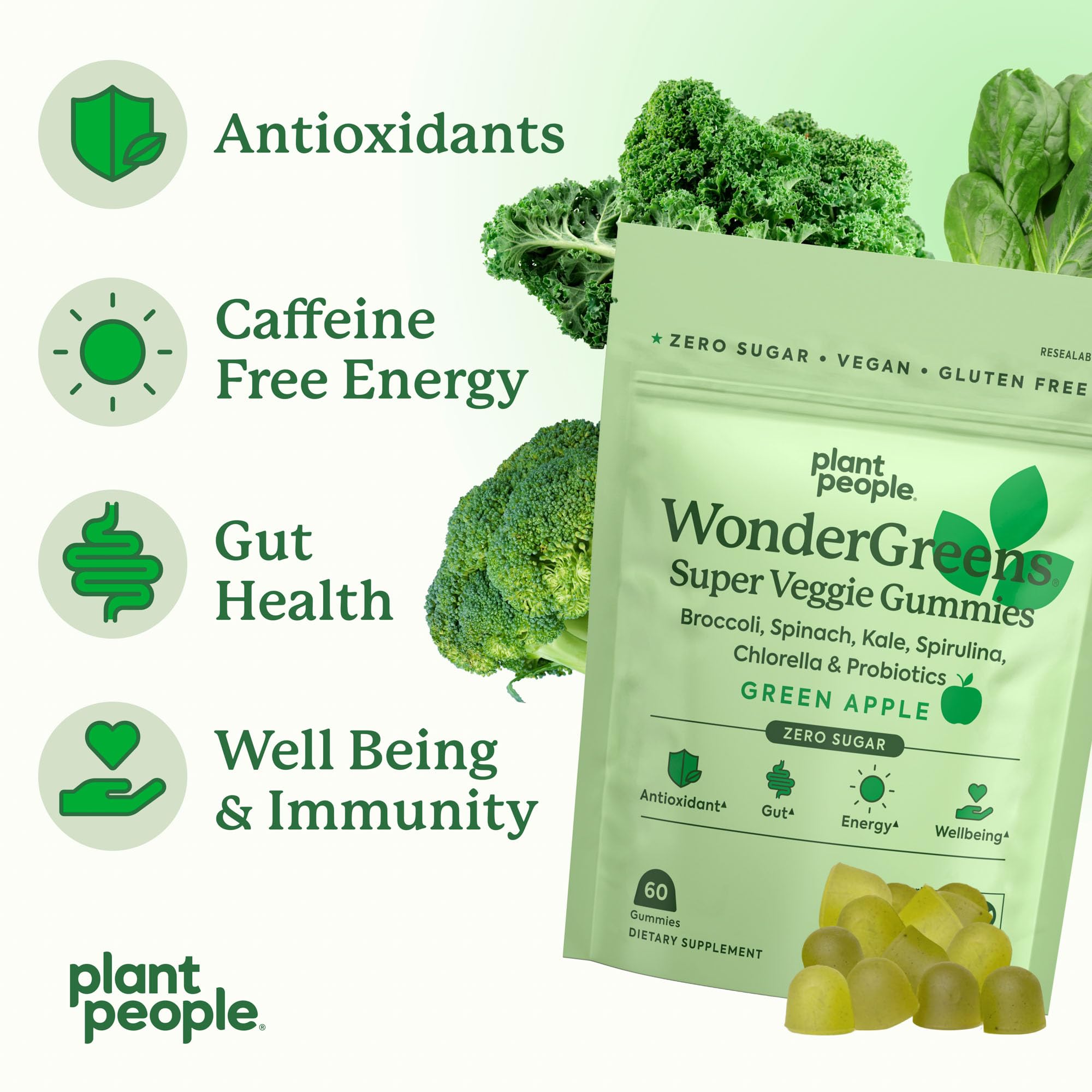 Plant People WonderGreens Veggie Gummies Super Greens with Probiotics Multivitamin Support Gummy for Wellbeing, Energy, Immune and Gut Health, Green Apple Flavor (60 Count)