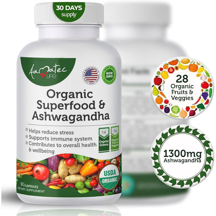 AAMATEC LIFE Organic Superfood Greens Fruits and Veggies Complex with Ashwagandha - 2 in 1 Supplement with 14 Greens Fruits & Vegetables with Ashwagandha Rich in Antioxidants - Non-GMO 90 Capsules