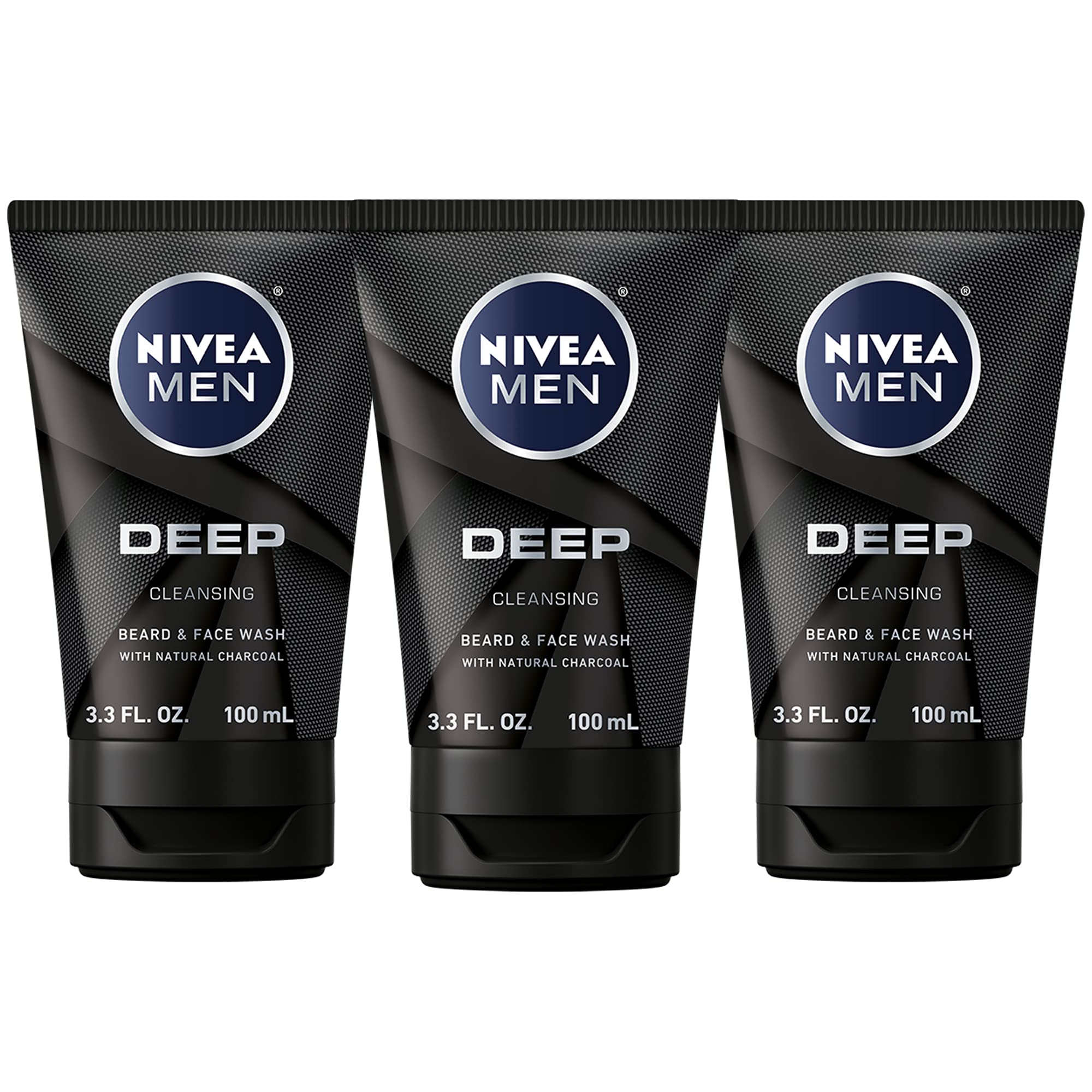Nivea Men Deep Cleansing Beard and Face Wash, Natural Charcoal, 9.9 Fl Oz , Pack of 3