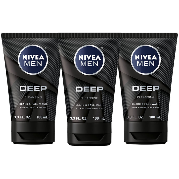 Nivea Men Deep Cleansing Beard and Face Wash, Natural Charcoal, 9.9 Fl Oz , Pack of 3