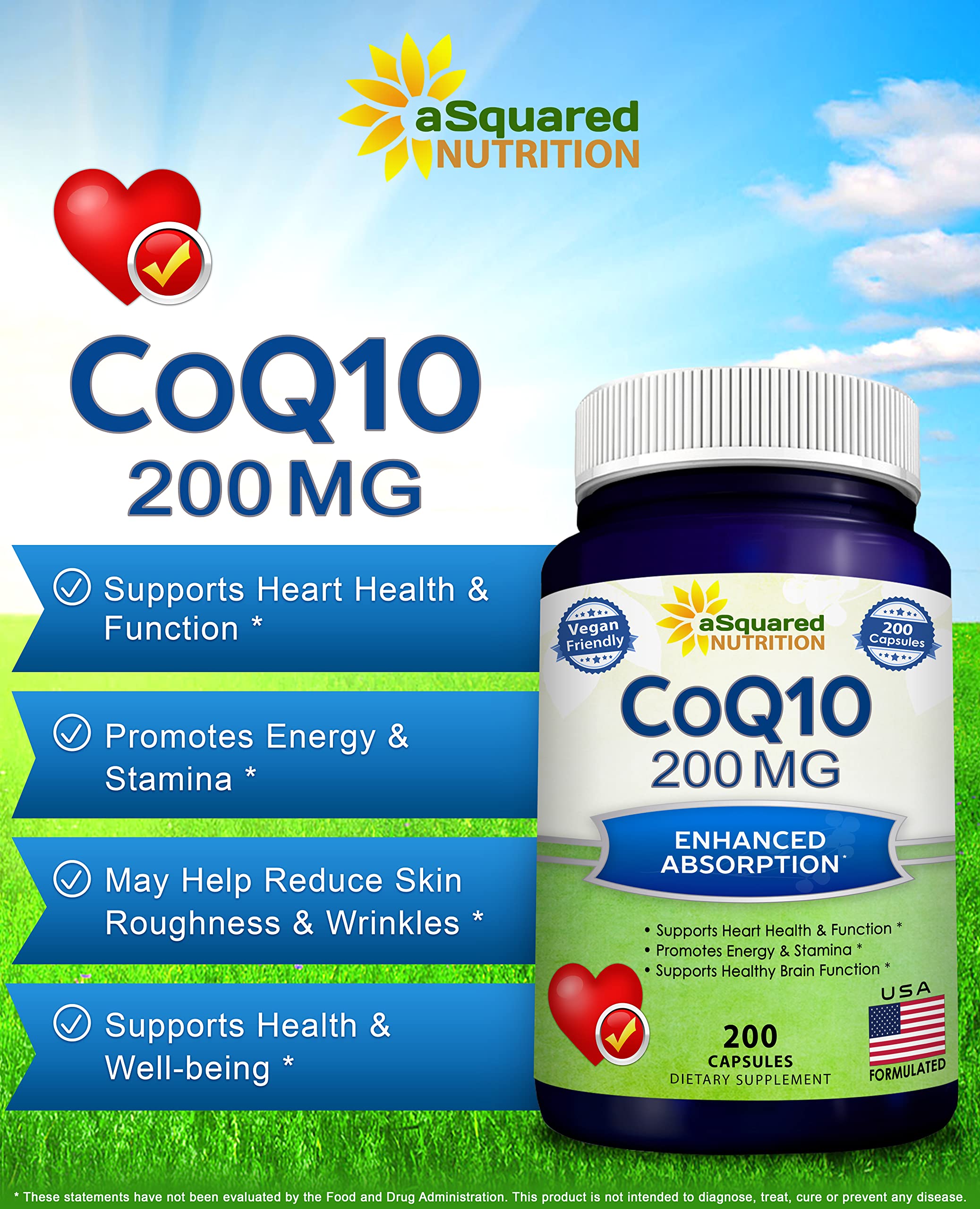 aSquared Nutrition CoQ10 (200 Capsules and 200mg) - High Absorption Vegan CO Q-10 Powder - Enzyme Ubiquinone Supplement Pills, Extra Antioxidant Coenzyme Q10 Vitamin, Coq 10 Alernative to Softgels