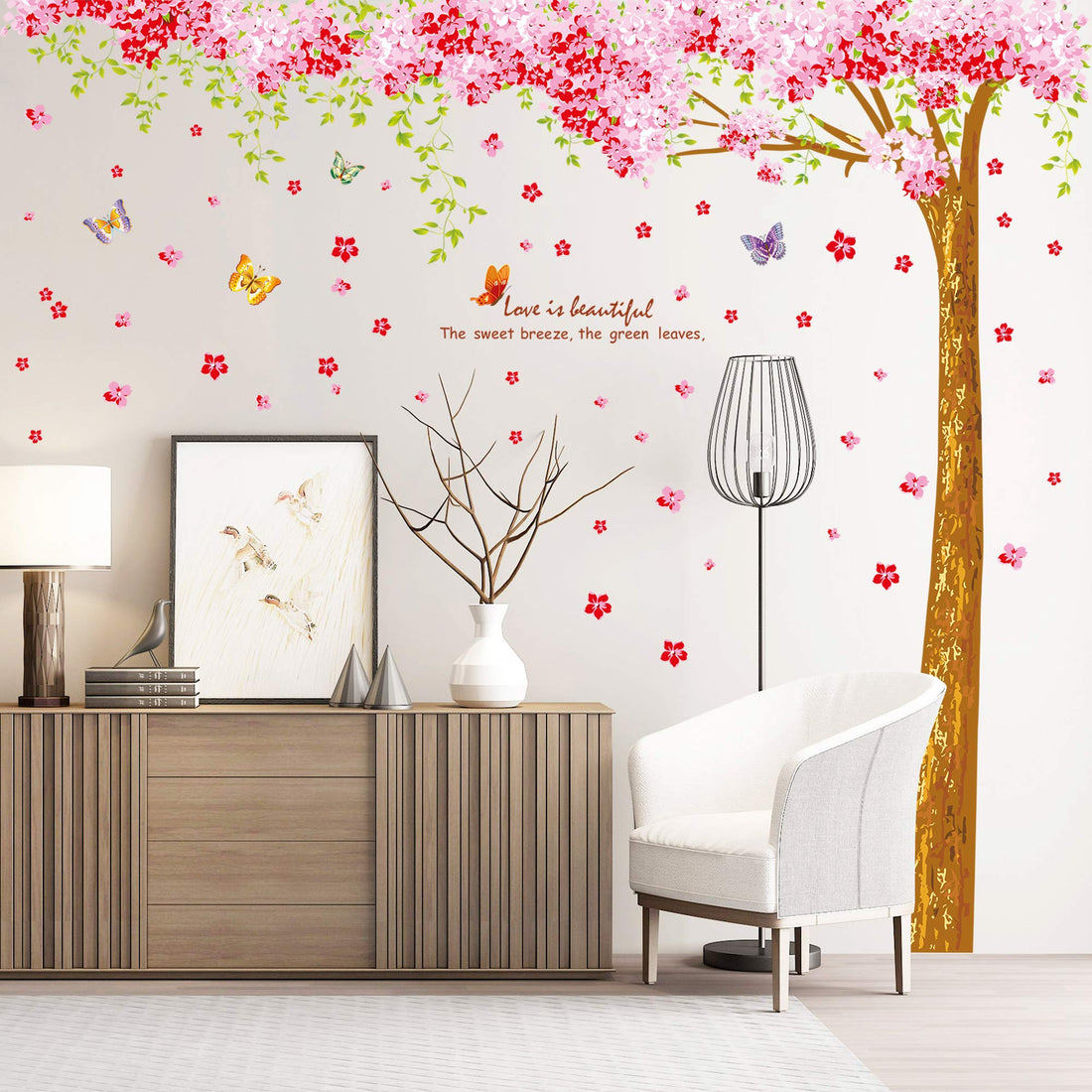 Amaonm Giant Huge Size Removable Pink Red Romantic Cherry Blossom Tree Wall Decal DIY PVC Butterfly Wall Decorations Art Decor Stickers Murals Wallpaper for Nursery Room Living Room Wall Corner
