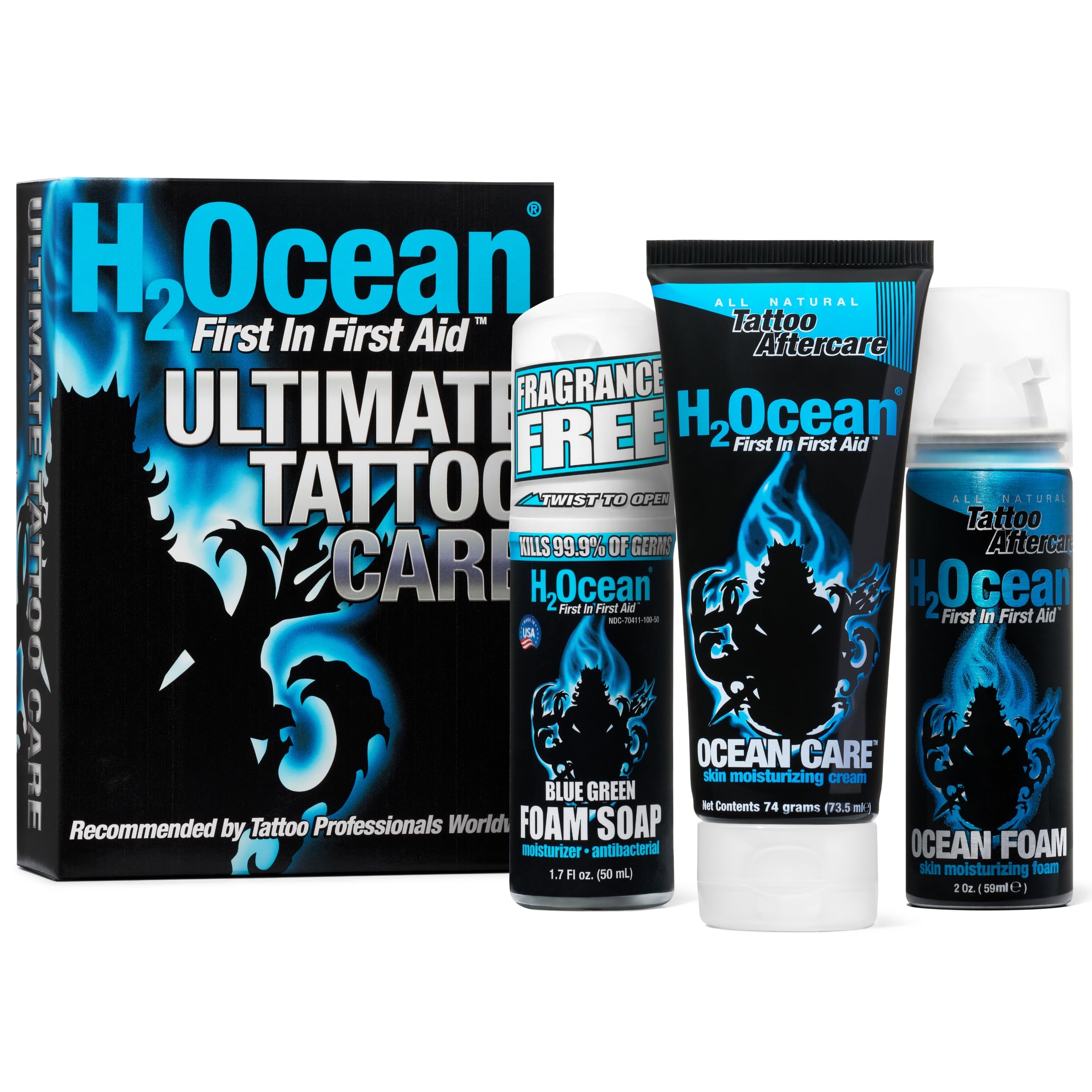 H2Ocean Ultimate Tattoo Care Kit for a Faster Heal - Tattoo Skincare Regimen - 1.7 oz Blue Green Foam Soap, 2.5 oz Ocean Care Skin Moisturizing Cream & 2 oz Ocean Foam Skin Moisturizing Soap