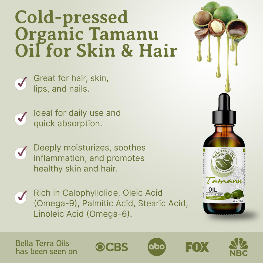 Bella Terra Oils - Organic Tamanu Oil 2oz - Celebrate Skin's Vitality, Naturally Rich in Fatty Acids & Vitamins, Distilled Essence from Pure Organic Tamanu Seeds