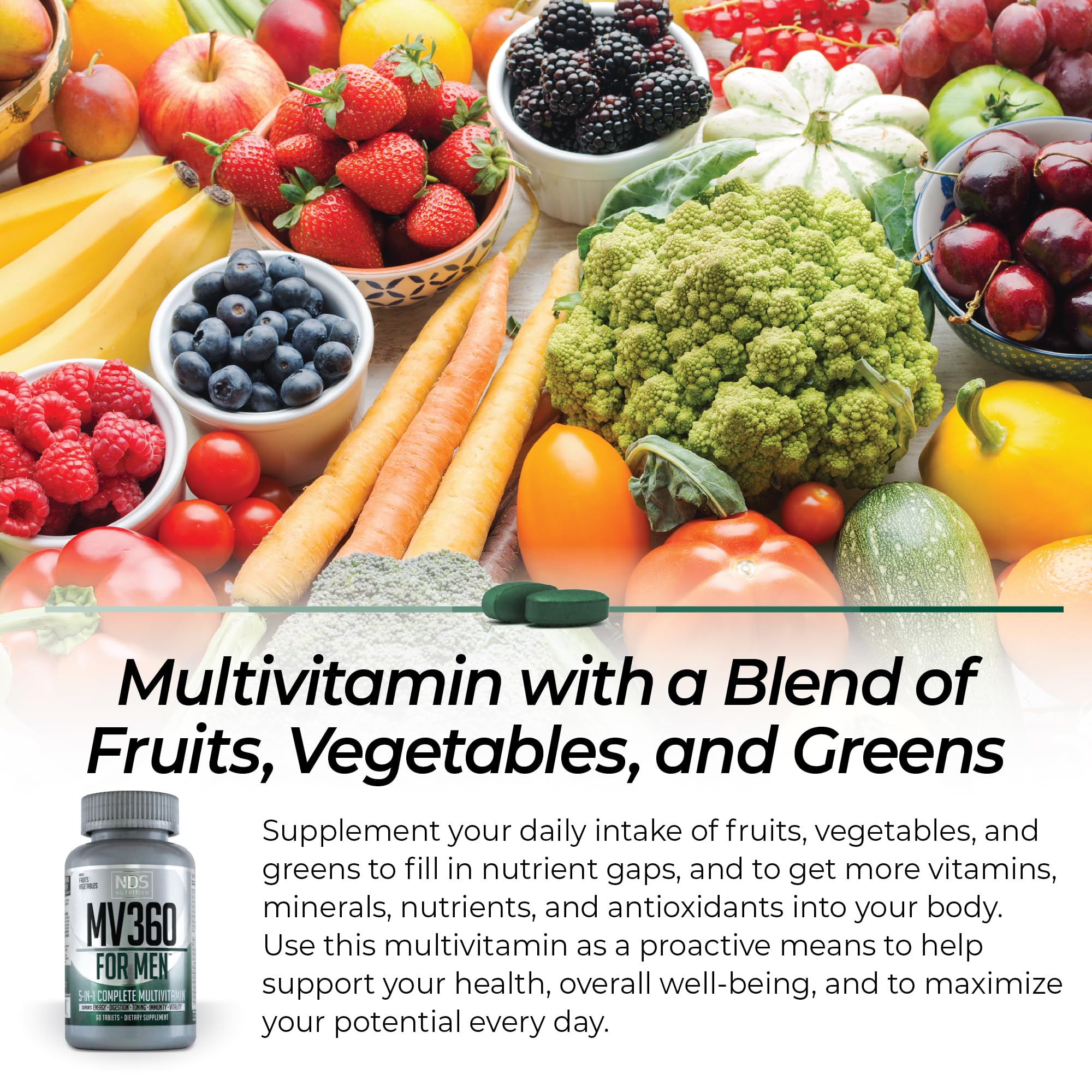 NDS Nutrition MV360 For Men, 5-in-1 Complete Multivitamin for Men with Essential Mens Vitamins for Energy, Digestion, Toning, Immune Support, and Mens Health & Vitality, 60 Tablets, 30 Servings