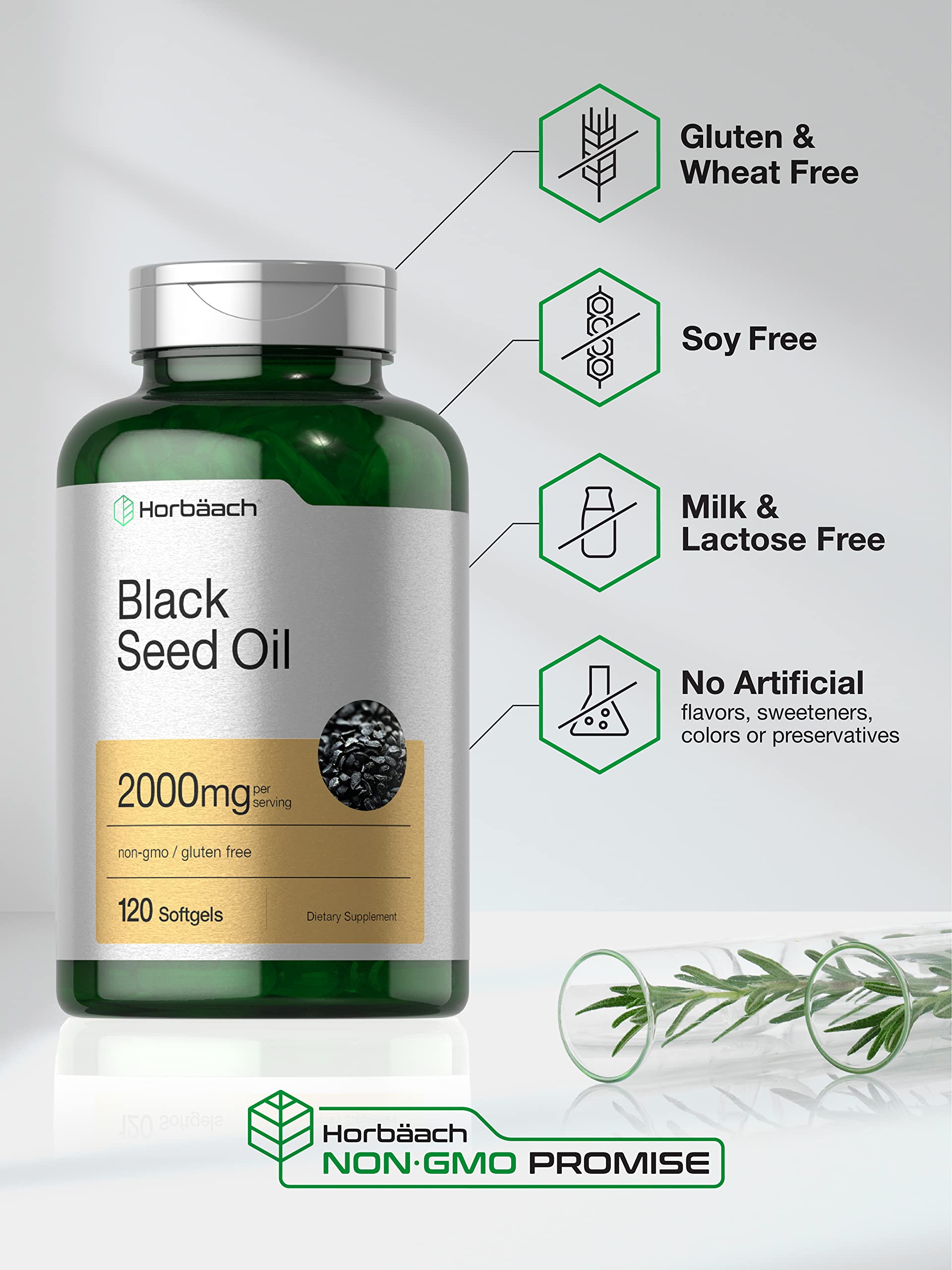 Horbäach Black Seed Oil Softgel Capsules | 2000mg | 120 Count | Cold Pressed Nigella Sativa Pills | Non-GMO, Gluten Free Supplement