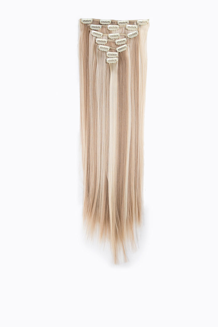 SWACC Women 22 Inches Straight Full Head 7 Separate Pieces Heat Resistance Synthetic Hair Clip in Hair Extensions (Dark Honey Blonde/Bleach Blonde Highlights-16H613)