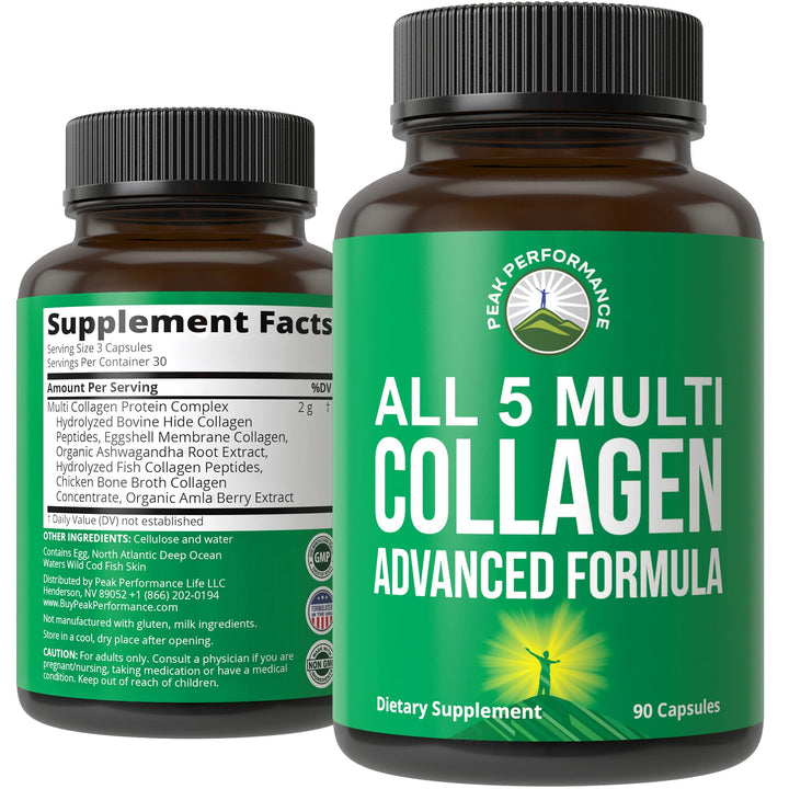 Peak Performance All 5 Multi-Collagen Capsules 90 Pills of Grass Fed Peptides Protein. with All 5 Collagen Types I, II, III,V, X. Grass Fed Beef, Fish, Chicken, Bone Broth Supplement