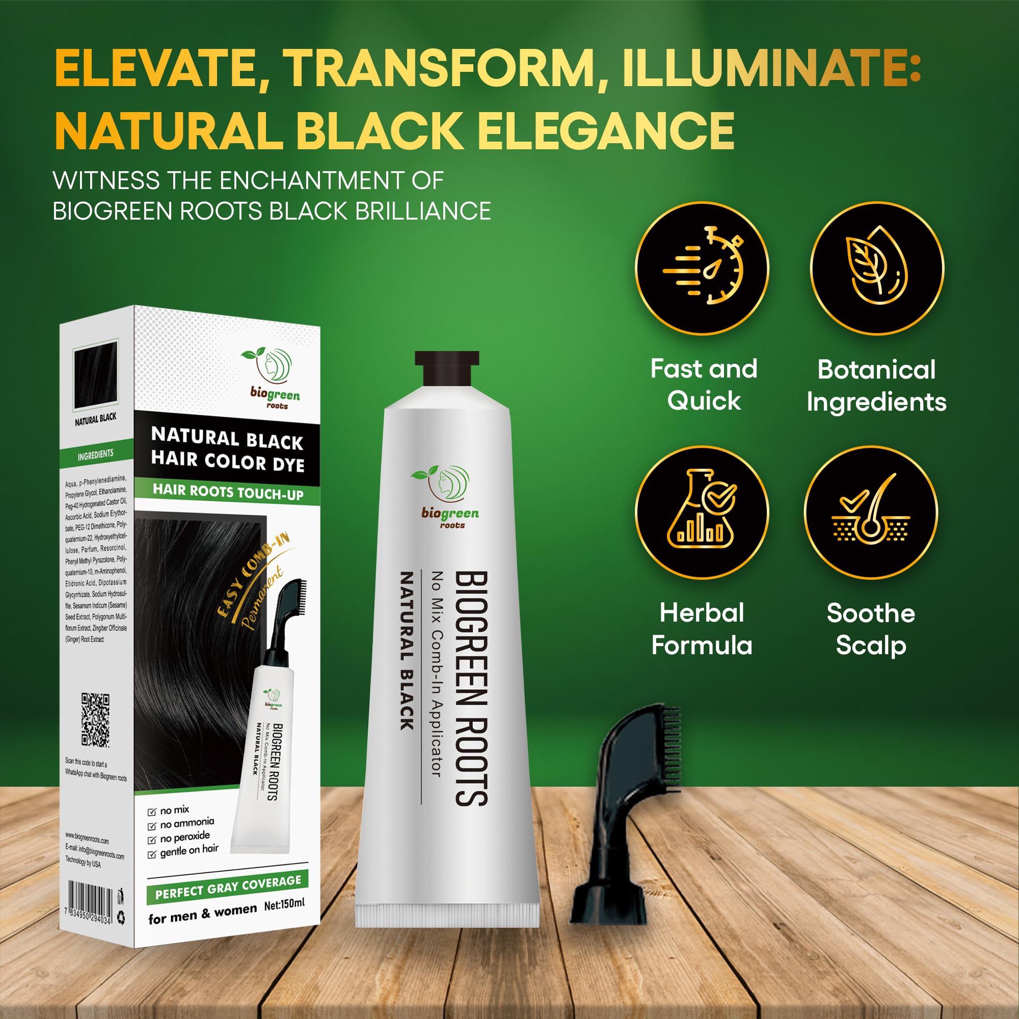 Biogreen Roots Ammonia-Free Herbal Hair Shampoo - Effectively Covers Gray Hair for Men and Women - Natural Color and Herbal Nourishment - No Stain on Skin - Natural Black (150 ml)