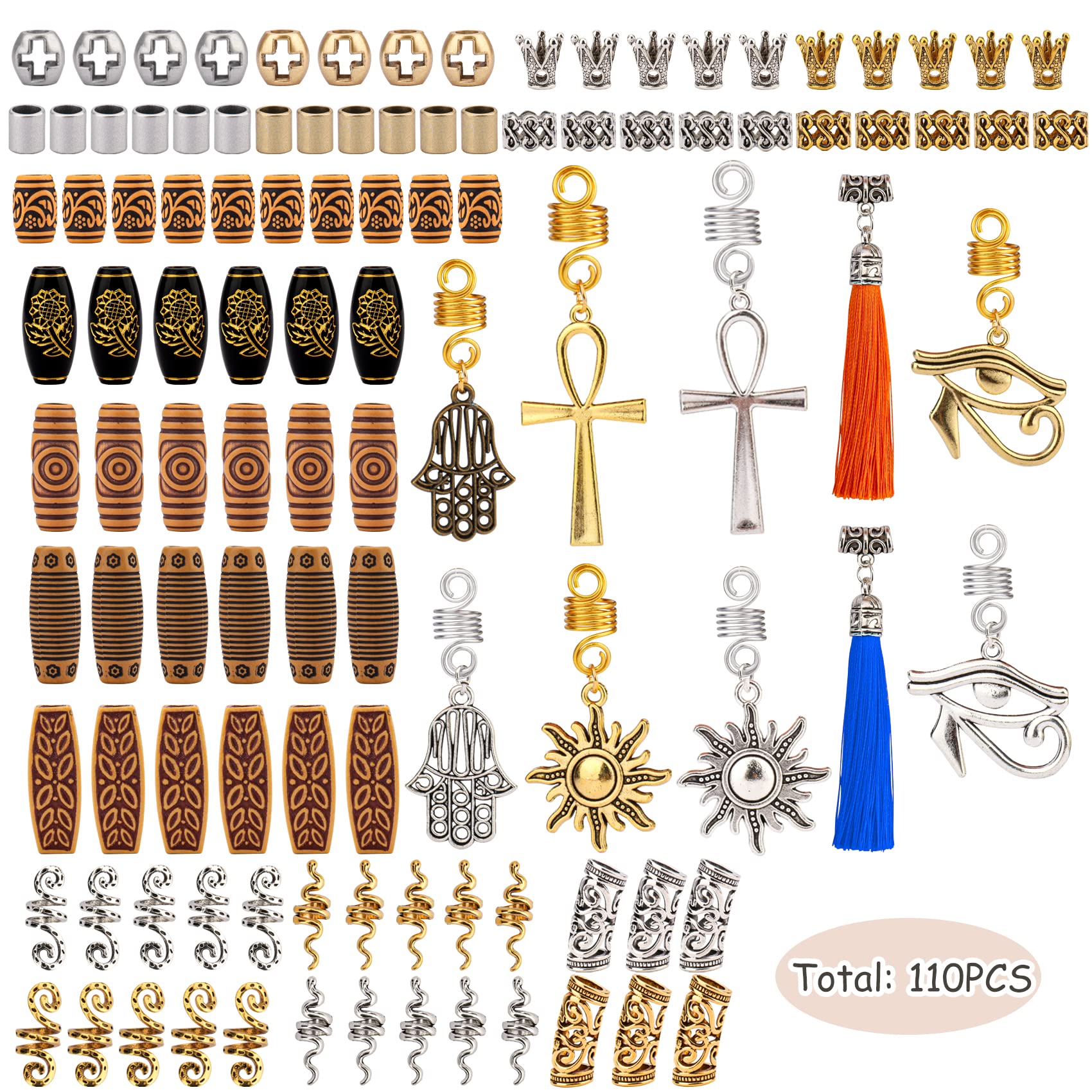 110PCS Retro Metal Dreadlock Accessories Hair Tube Beads Wooden-Like Beads Handmade DIY Tassel Hair Decoration Hair Jewelry for Locs Braids Men Women Hip-Hop Style
