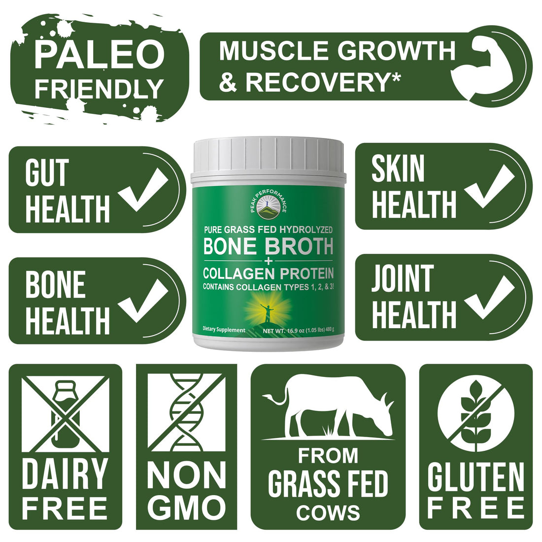 Peak Performance Hydrolyzed Bone Broth and Collagen Unflavored Protein Peptides Powder Contains All Collagen Types: 1, 2, and 3. Pure Pasture, Raised Grass Fed, Paleo Friendly, Gluten + Dairy Free