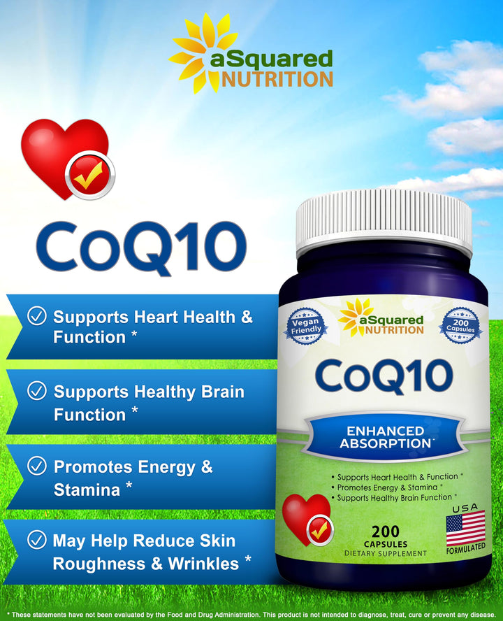aSquared Nutrition CoQ10 (400mg Max Strength, 200 Capsules) - High Absorption Vegan Coenzyme Q10 Powder - Ubiquinone Supplement Pills, Extra Antioxidant CO Q-10 Enzyme Vitamin Tablets, Coq 10 400 mg