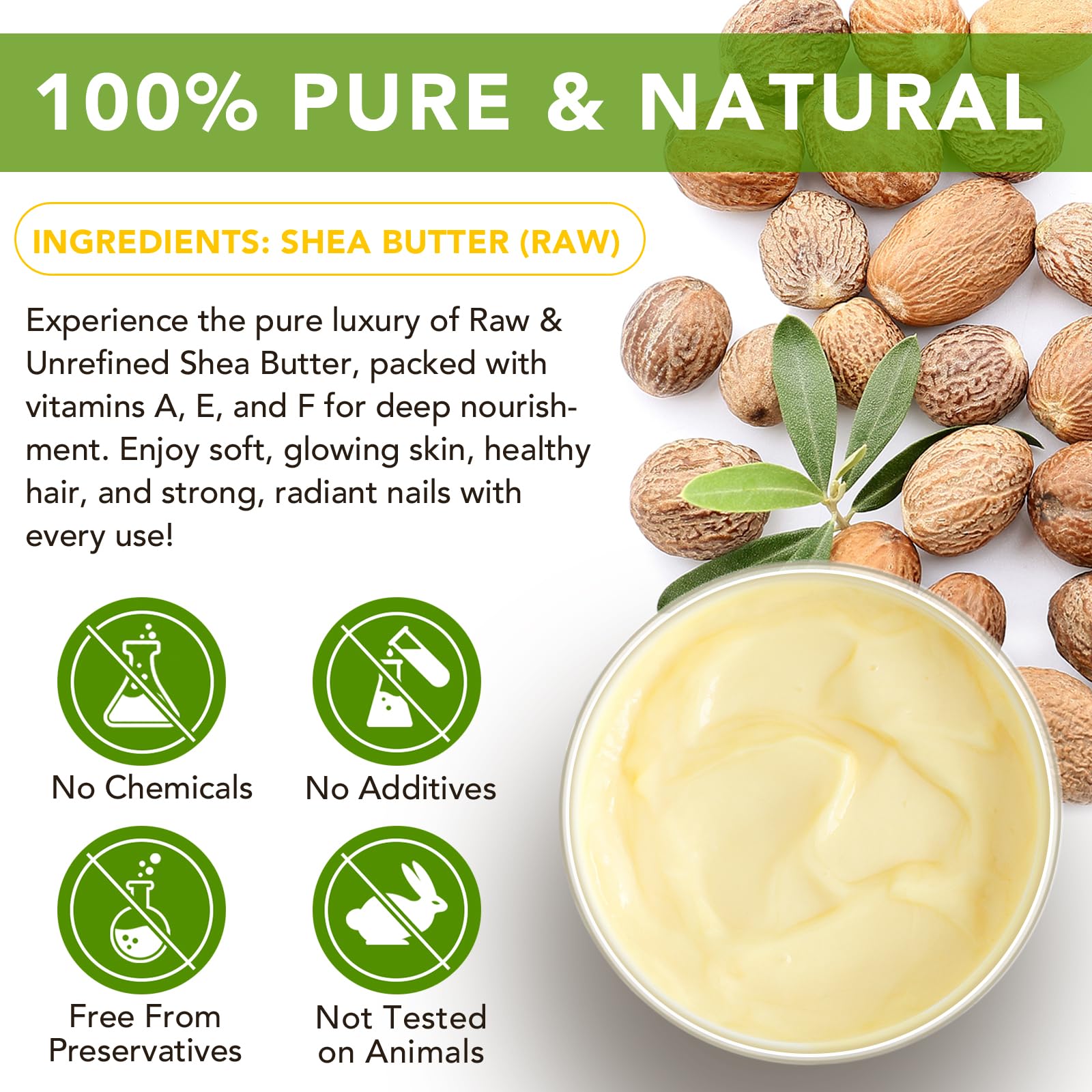Pure Organic Shea Butter Raw, Unrefined Body & Face Butter - 100% Natural Vitamin A, E & F - Long-Lasting Hydration for Dry Skin, Hair Care, 7.8 oz